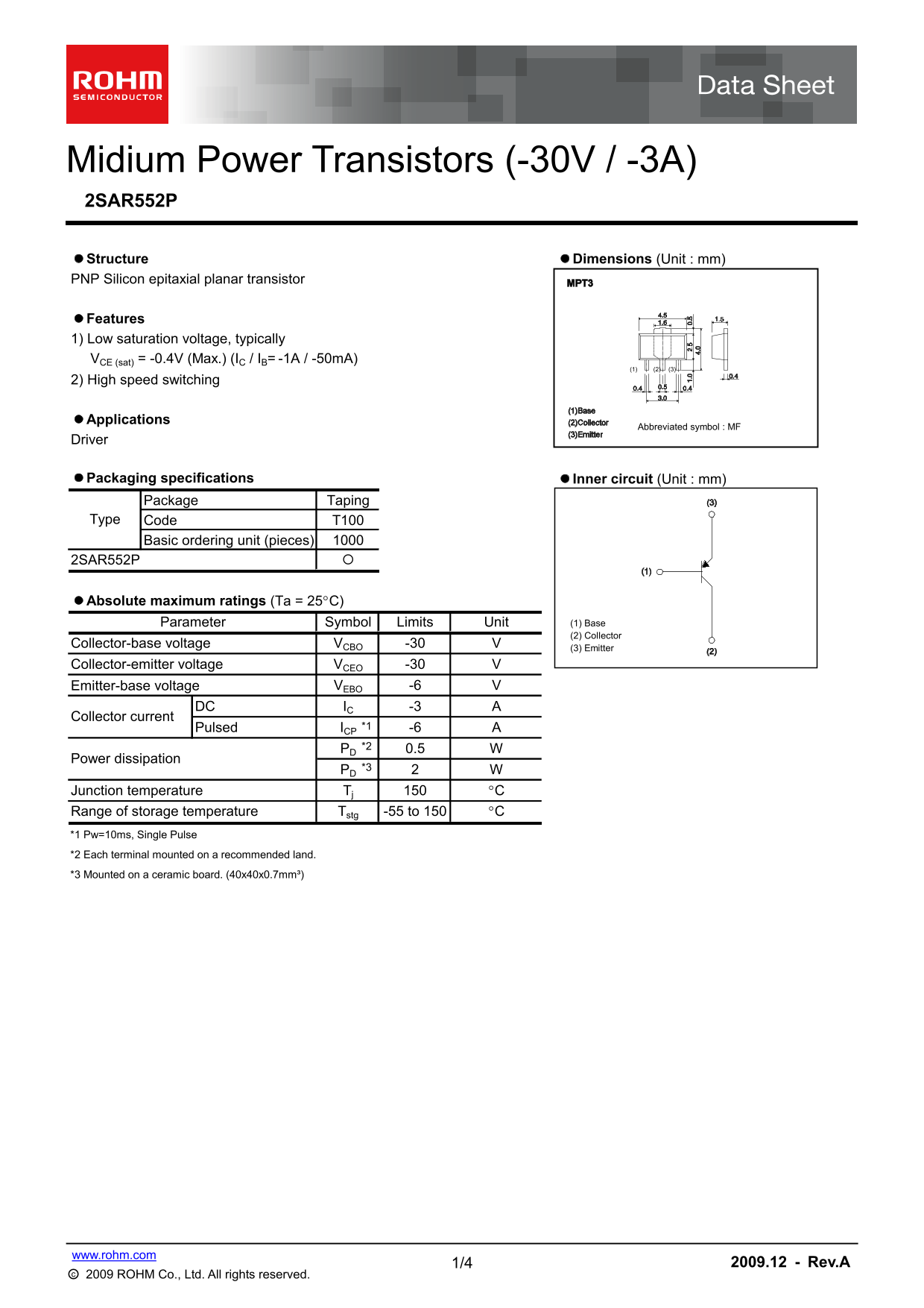 ROHM 2SAR552P Data Sheet - Page 1