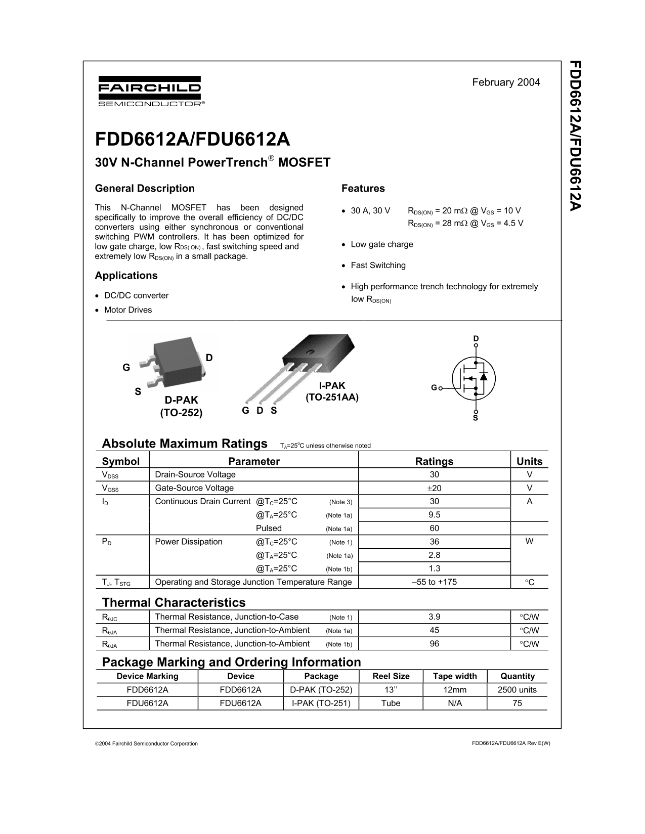 Fairchild FDD6612A FDU6612A 30V N-Channel PowerTrench MOSFET Data Manual - Page 1