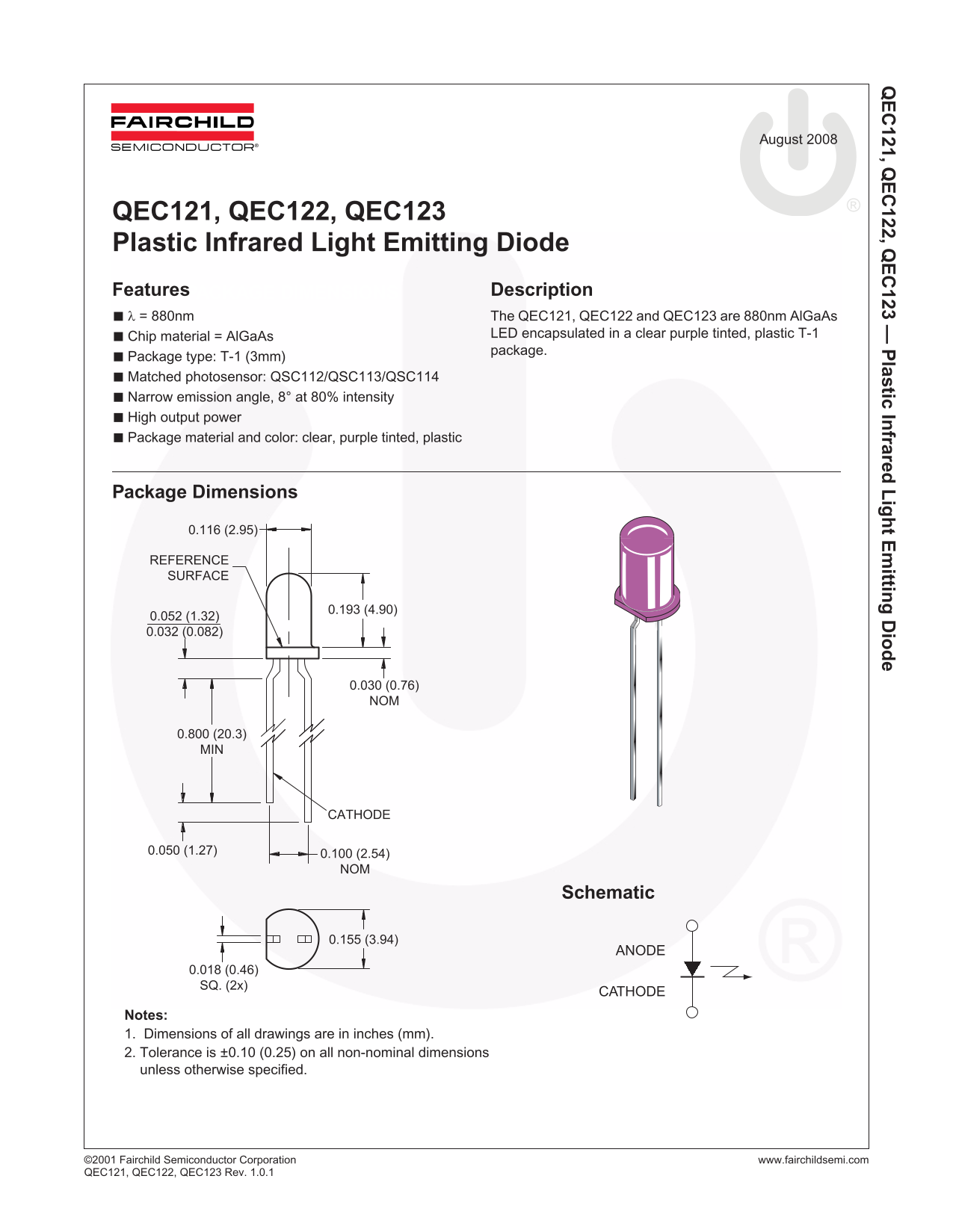 Fairchild QEC121, QEC122, QEC123 Plastic Infrared LED Data Manual - Page 1