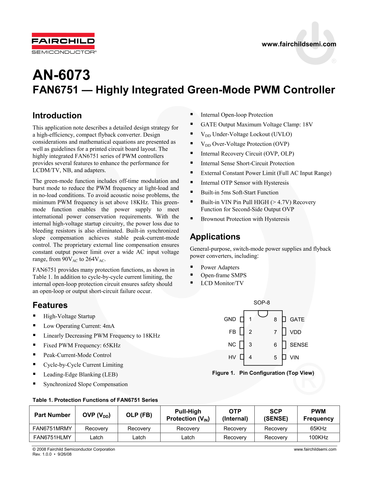 Fairchild FAN6751 High-Performance Green-Mode PWM Controller Data Handbook - Page 1