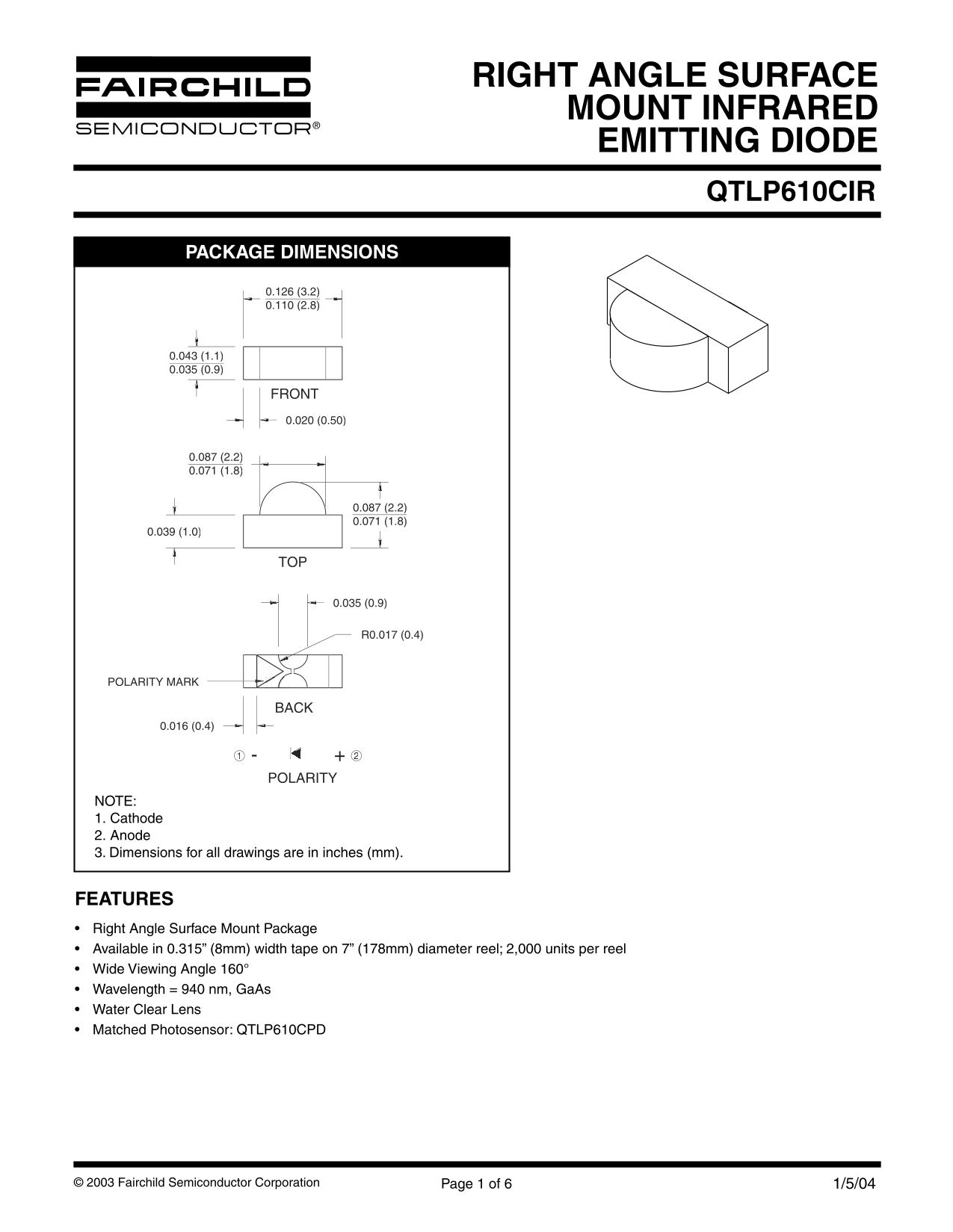 Fairchild QTLP610CIR Infrared Emitting Diode Surface Mount Right Angle Data Manual - Page 1