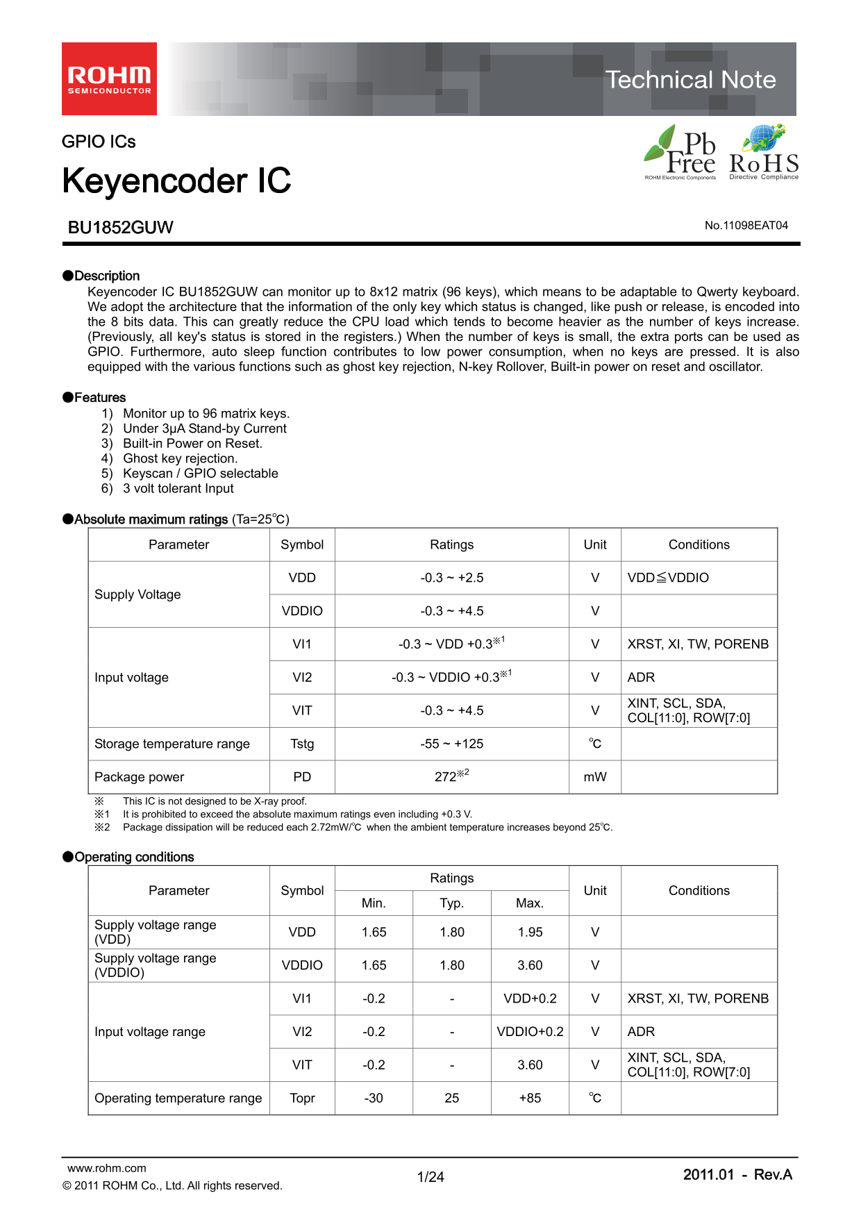 ROHM BU1852GUW Data Sheet - Page 1