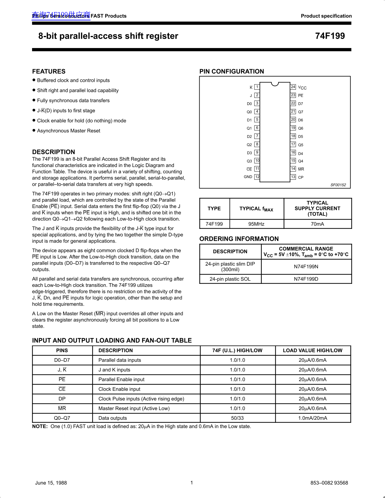 Philips Semiconductors 8-bit Parallel-Access Shift Register 74F199 User Manual and Technical Specifications - Page 1