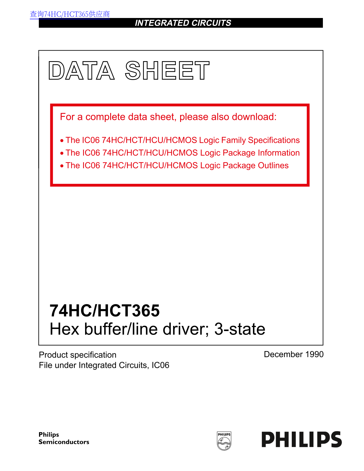 PHILIPS 74HC HCT365 Hex Buffer Line Driver; 3-State Data Sheet User Manual - Page 1