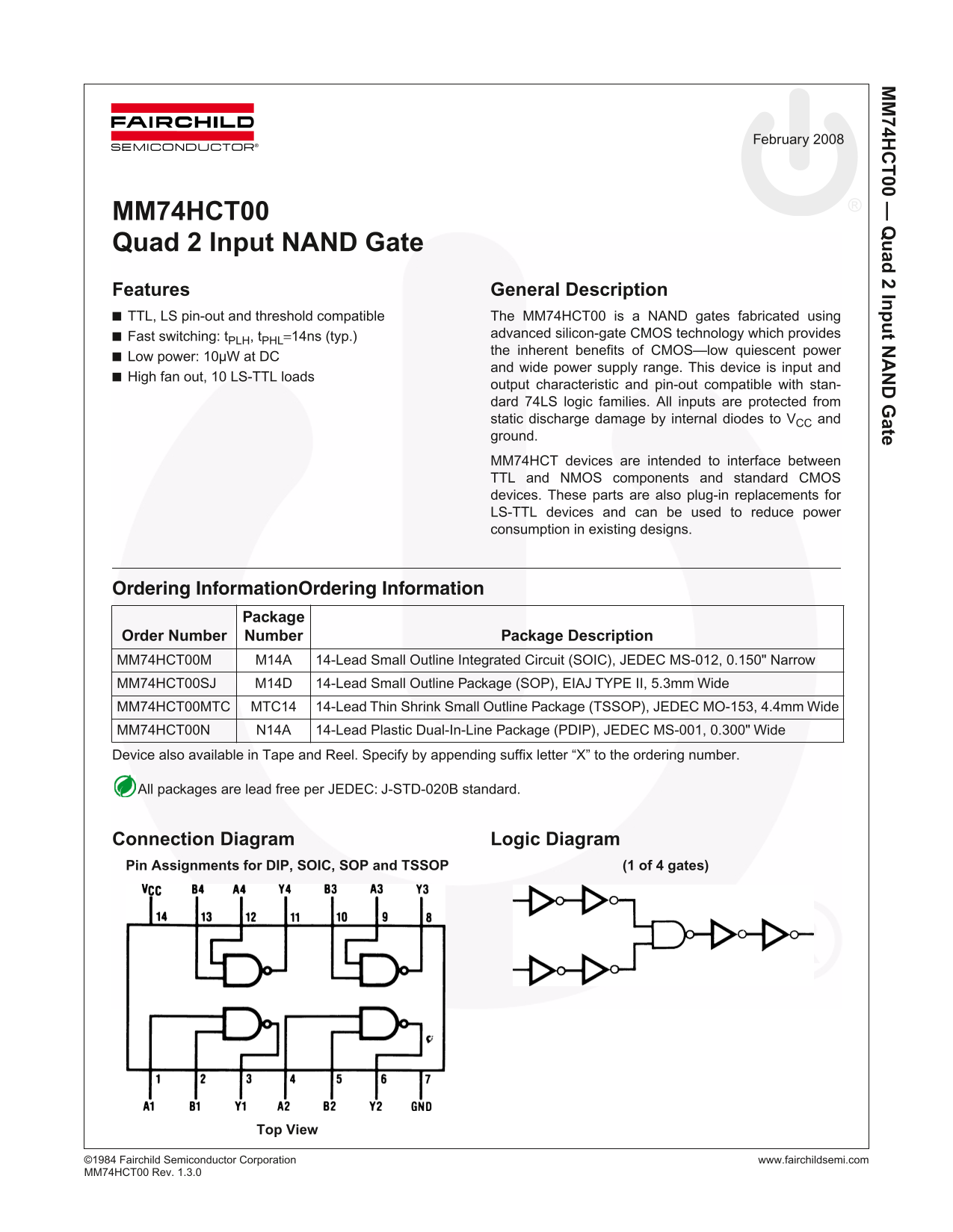 Fairchild MM74HCT00 Quad 2-Input NAND Gate Data Manual - Page 1