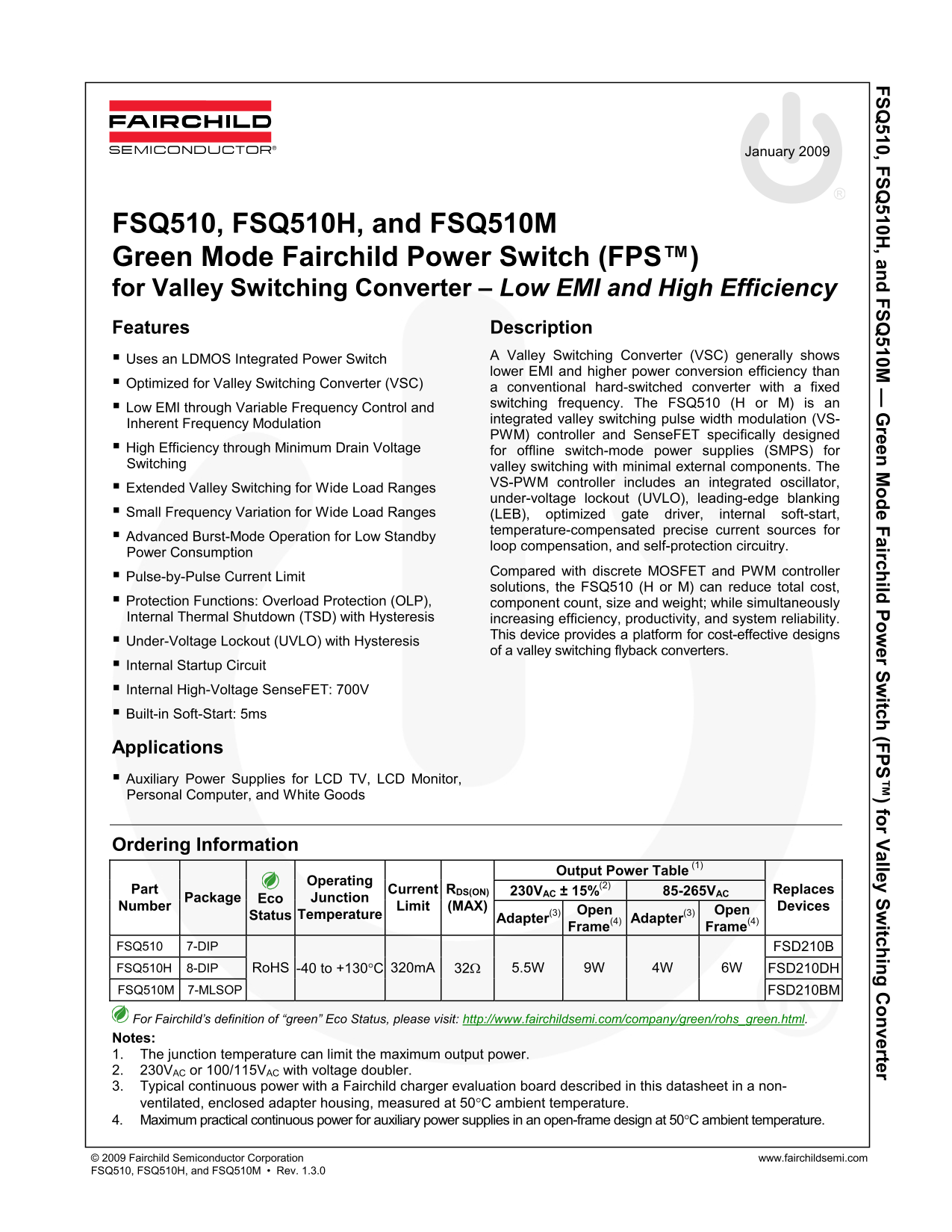 Fairchild FPS FSQ510,FSQ510H, and FSQ510M Green Mode Power Switch Valley Switching Converter -- Low EMI & High Efficiency Data Manual - Page 1