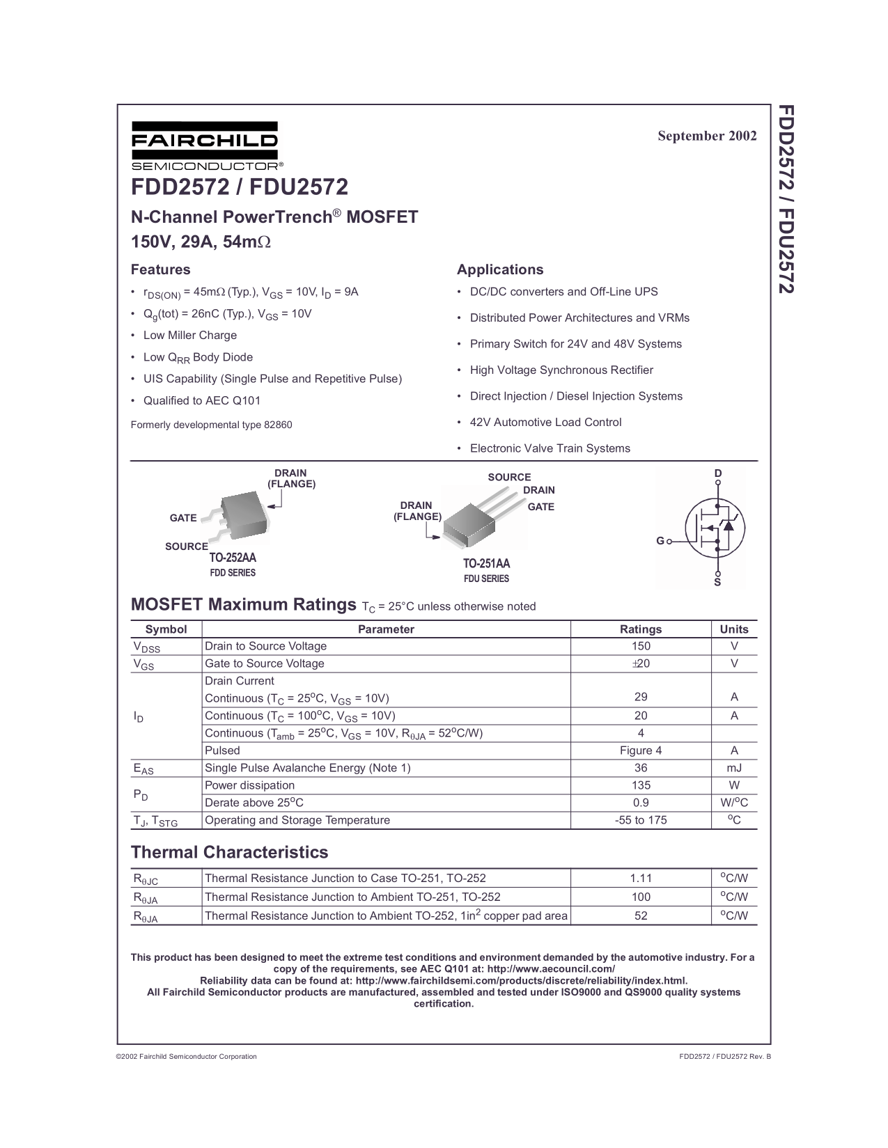 Fairchild FDD2572 FDU2572 N-Channel UltraFET® Trench MOSFET 150V, 29A, 54mOhm Data Sheet - Page 1