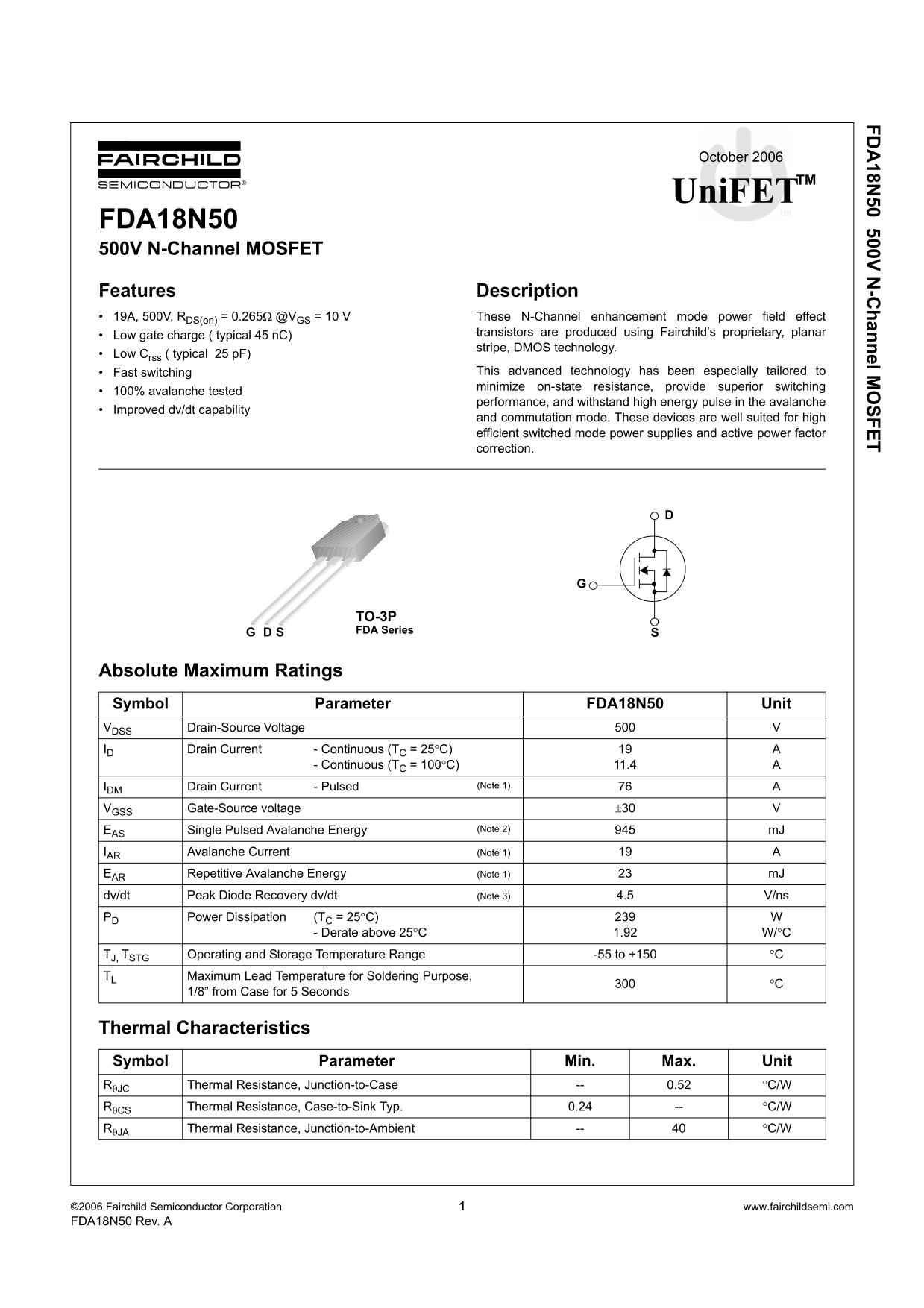 Fairchild FDA18N50 Product Specifications Manual - Page 1