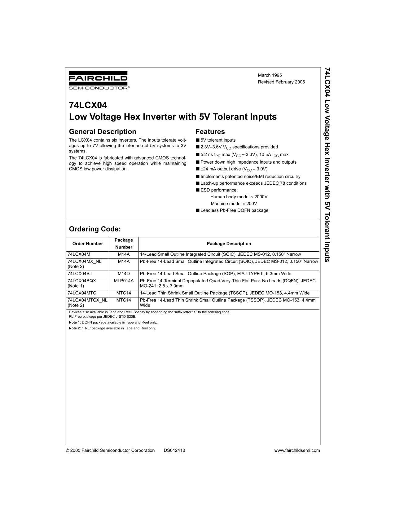 FAIRCHILD 74LCX04 Technical Data Sheet - Page 1