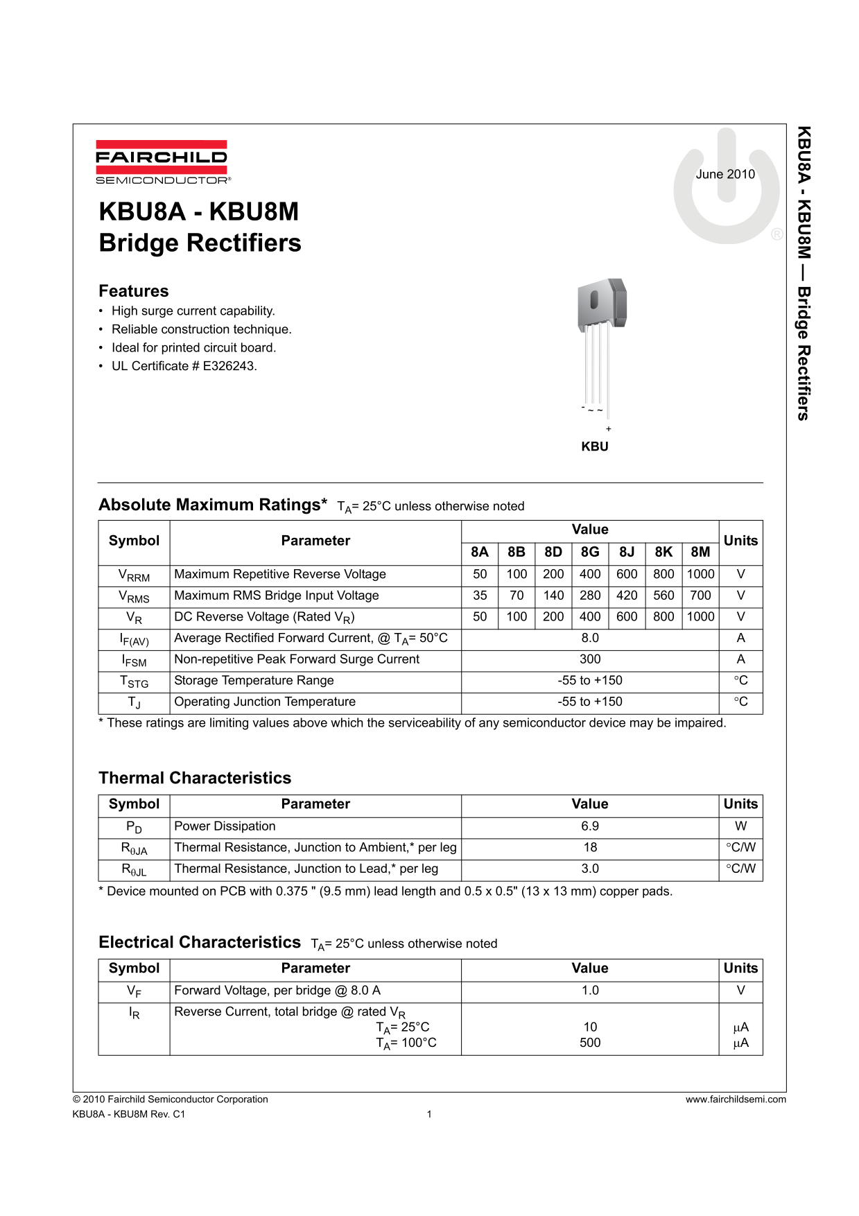Fairchild KBU8A - KBU8M Bridge Rectifiers Data Sheet - Page 1