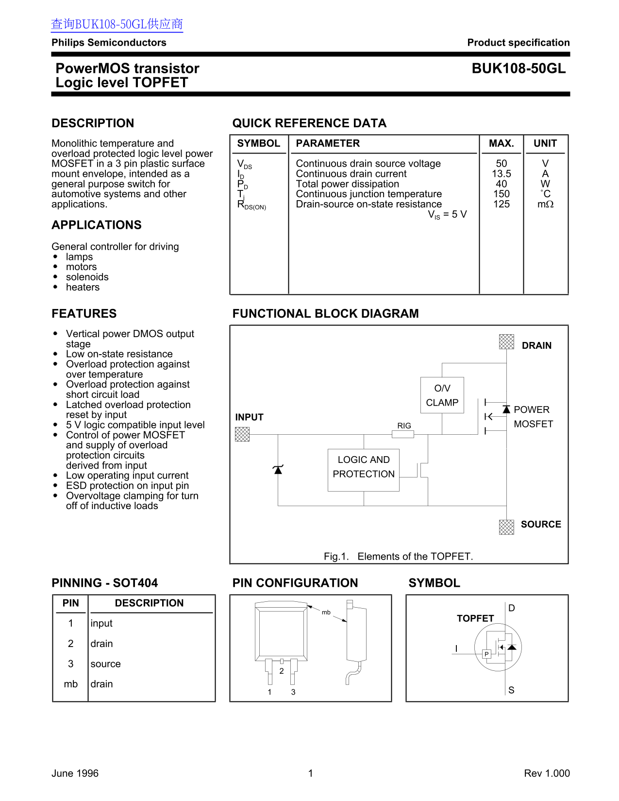Philips Semiconductors PowerMOS Transistor BUK108-50GL Data Sheet - Page 1