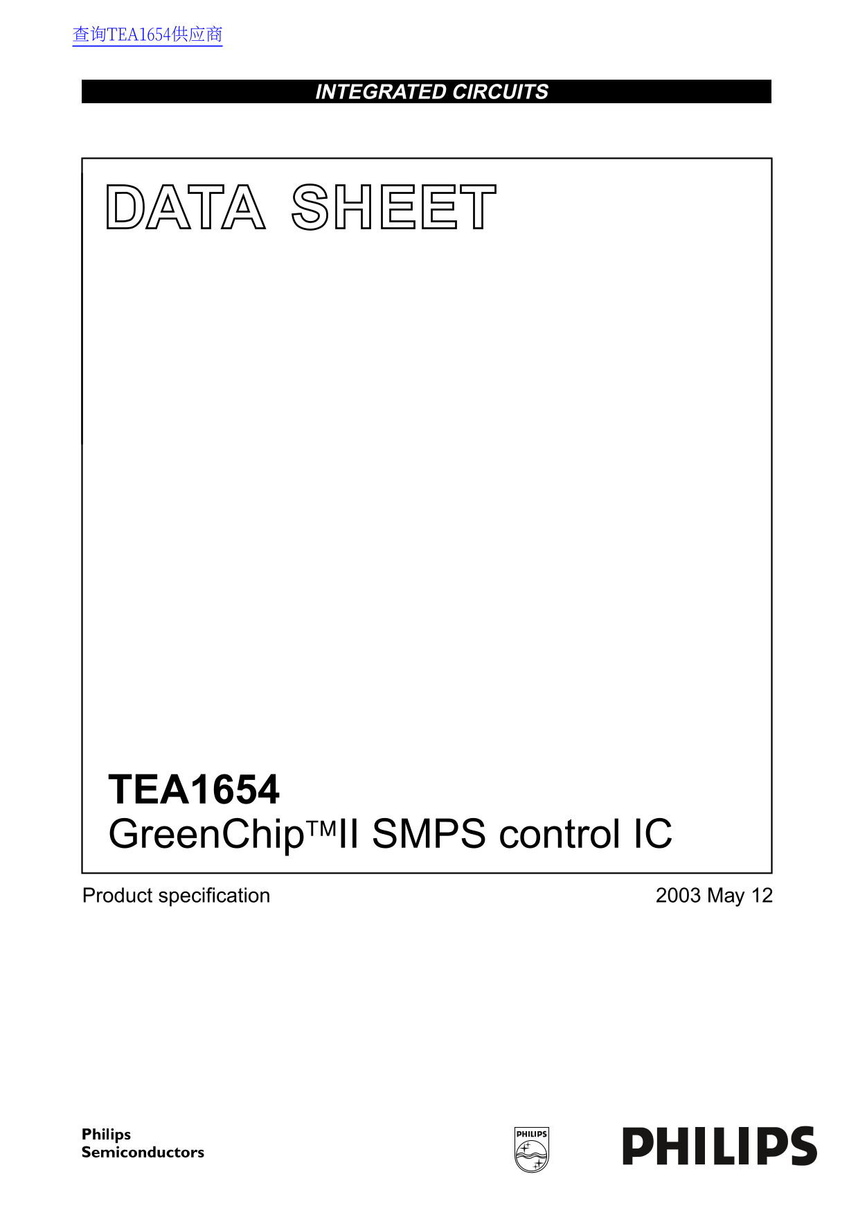 Philips Tea1654 GreenChipII SMPS Control IC Data Manual/Owner's Guide - Page 1