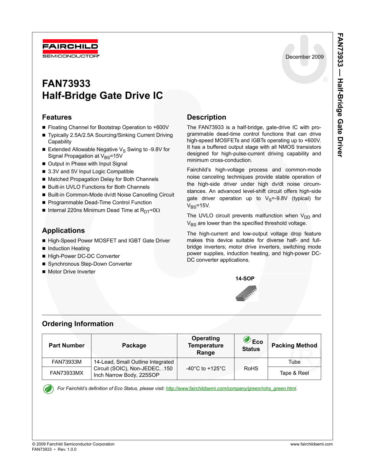 Fairchild Fan73933 Half-Bridge Gate Drive IC Data Handbook - Page 1