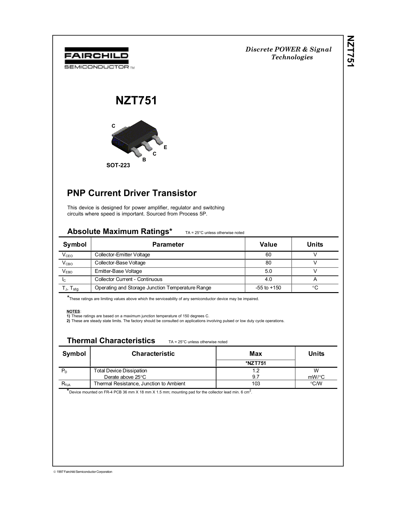 Fairchild NZT751 PNP Current Driver Transistor Data Sheet - Page 1