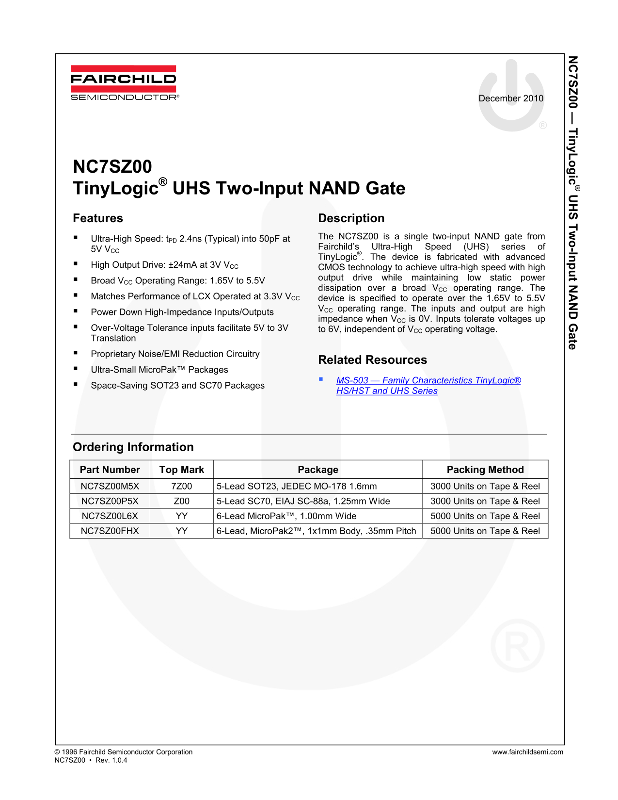 Fairchild NC7SZ00 TinyLogic UHS 2-Input NAND Gate Data Handbook - Page 1