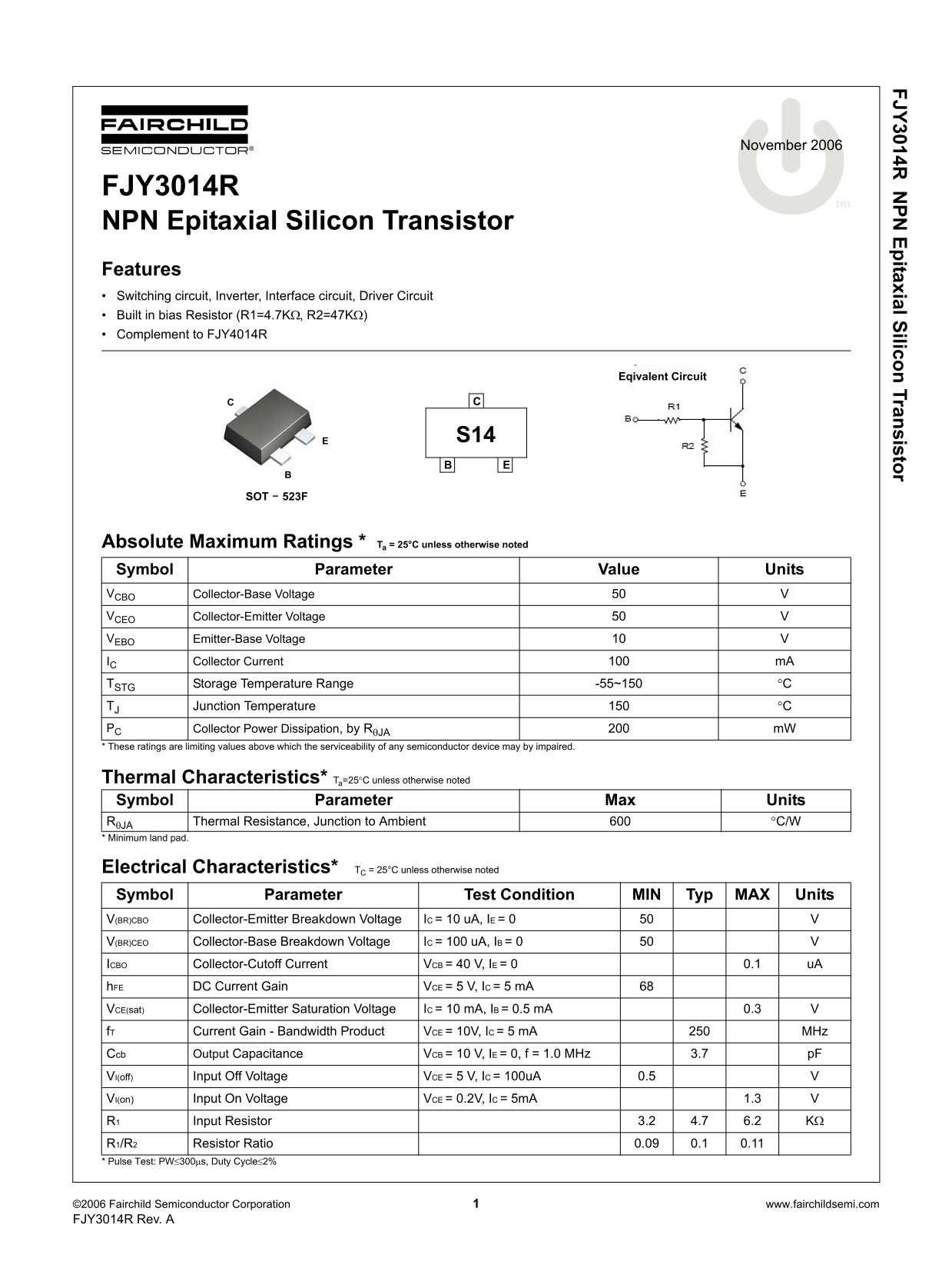 Fairchild FJY3014R NPN Epitaxial Silicon Transistor Data Handbook - Page 1