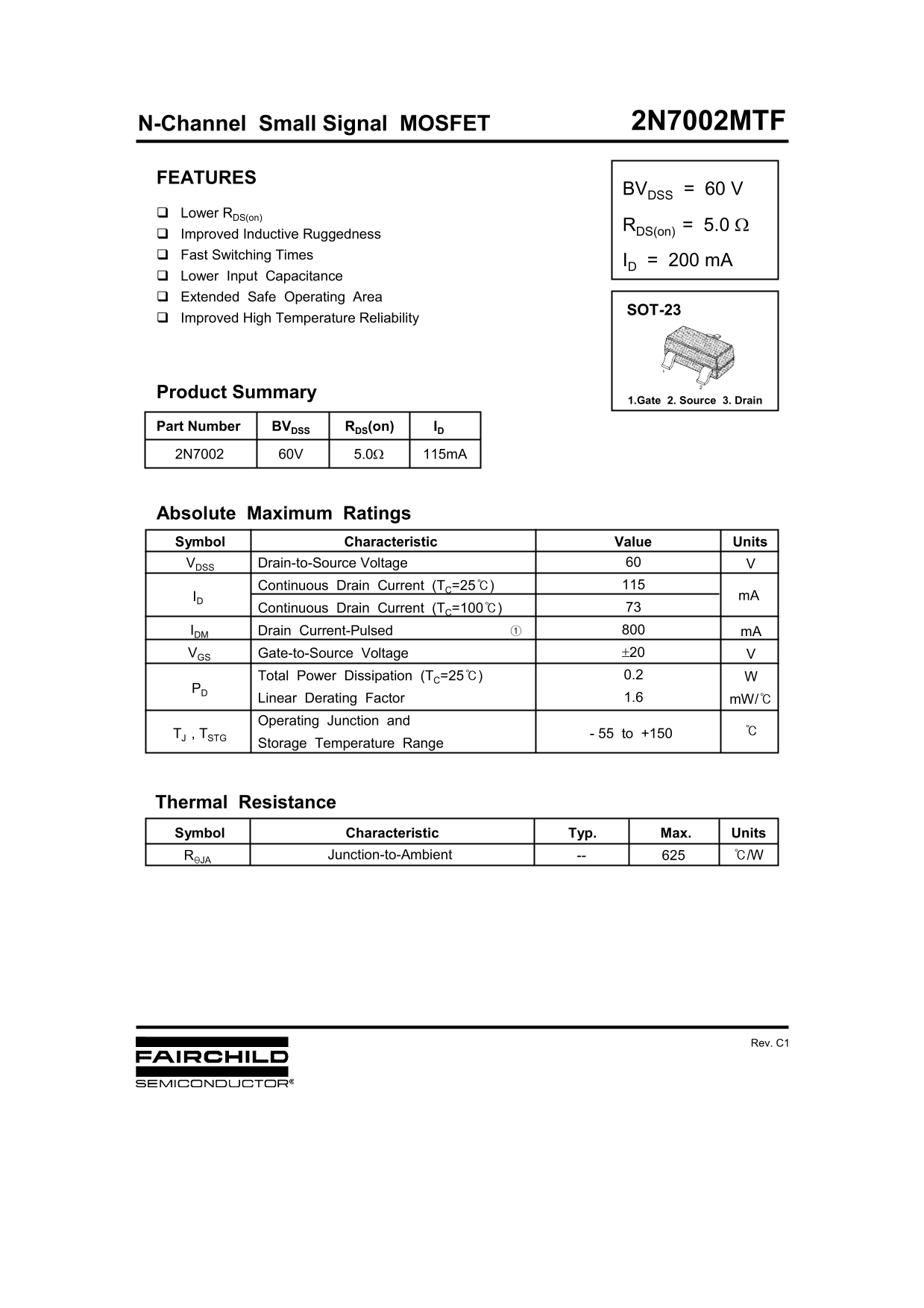 Fairchild 2N7002MTF Advanced Small Signal MOSFET Data Sheet - Page 1