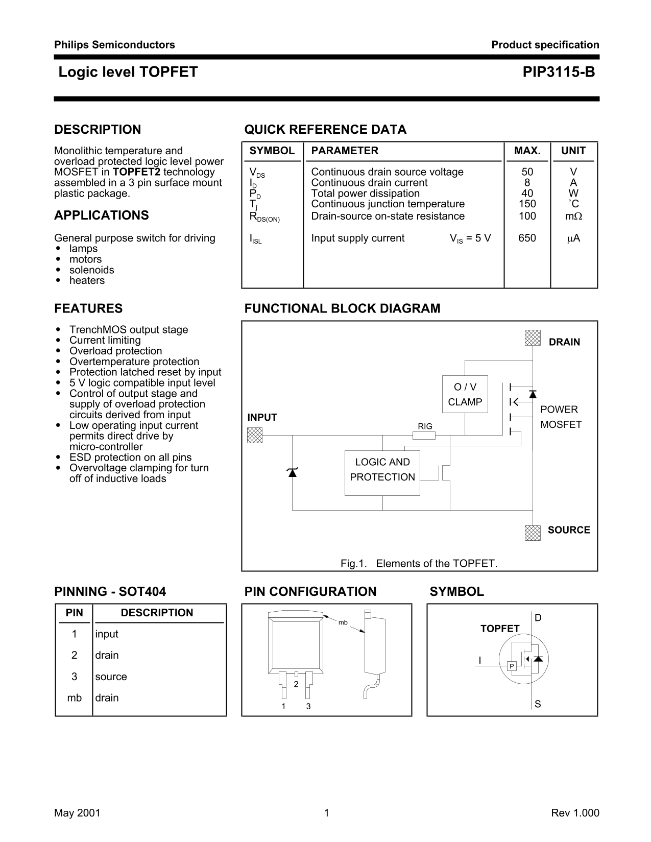 NXP - Philips Semiconductors Product Specification Logic Level TOPFET PIP3115-B Owner's Manual - Page 1