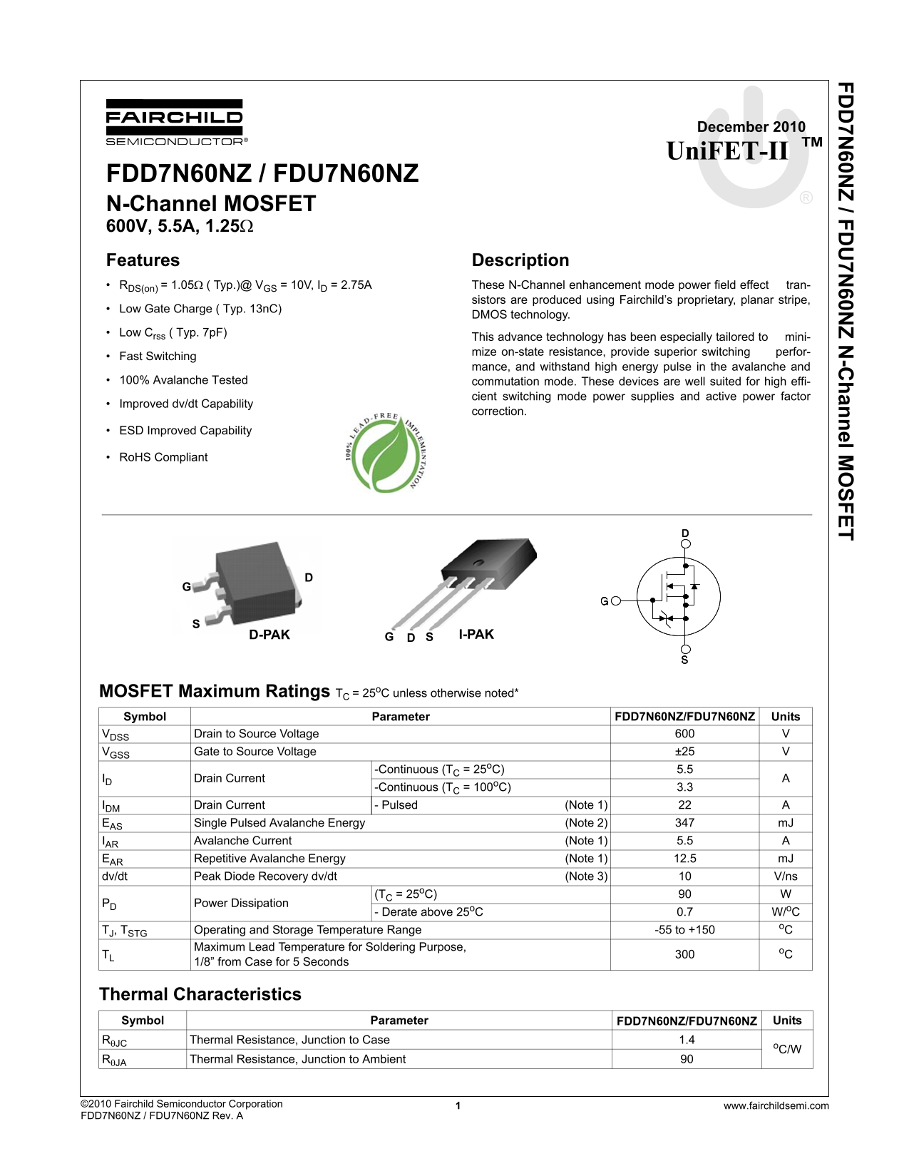 Fairchild FDD7N60NZ NZ FDU7N60NZ NZ User's Manual - Page 1