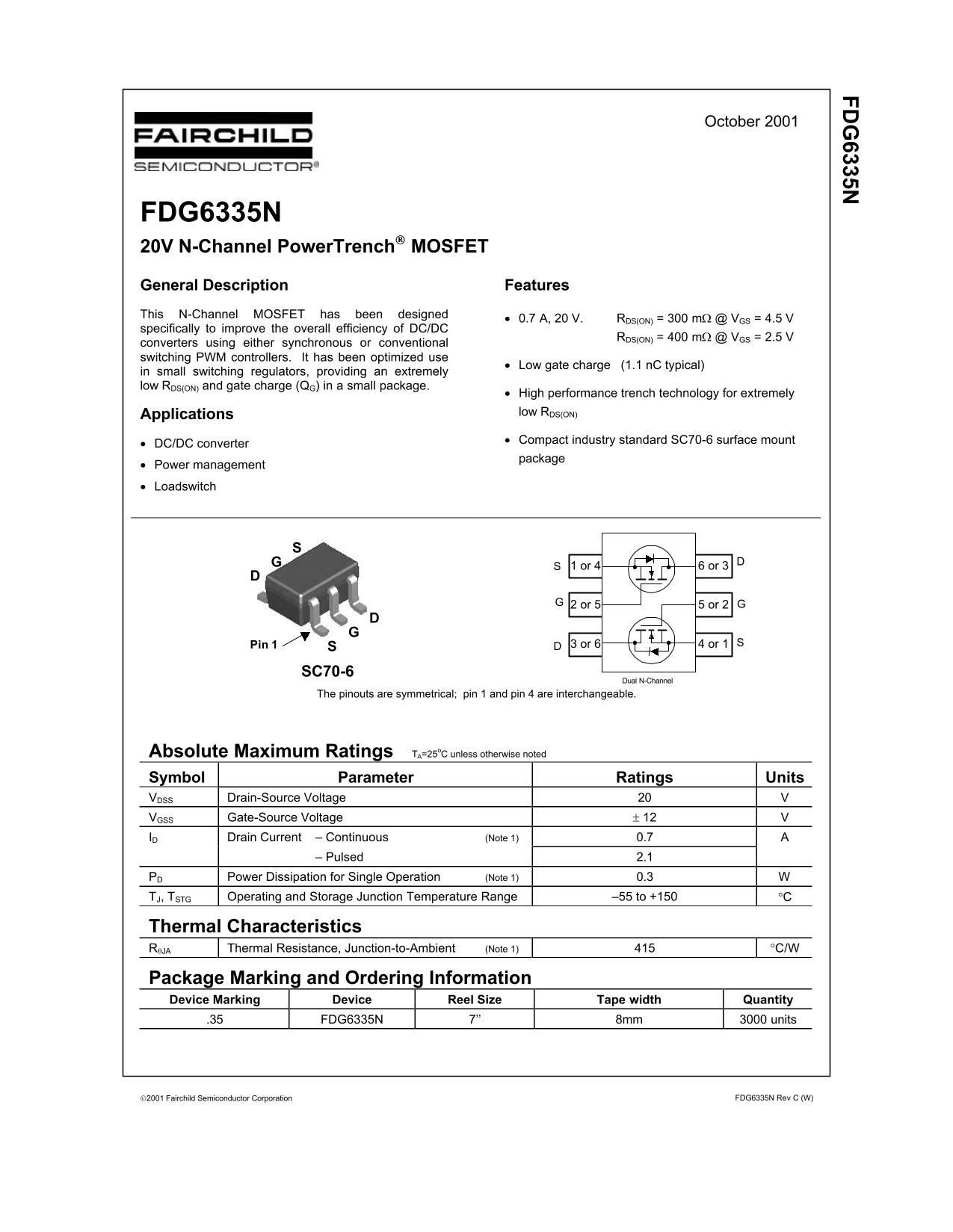 Fairchild FDG6335N 20v N-Channel PowerTrench MOSFET Data Manual - Page 1