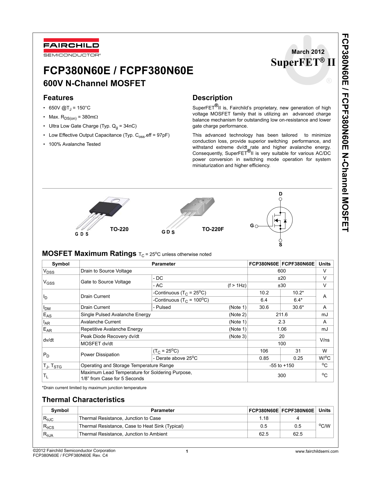 Fairchild FCP380N60E FCPF380N60E User Manual - Page 1
