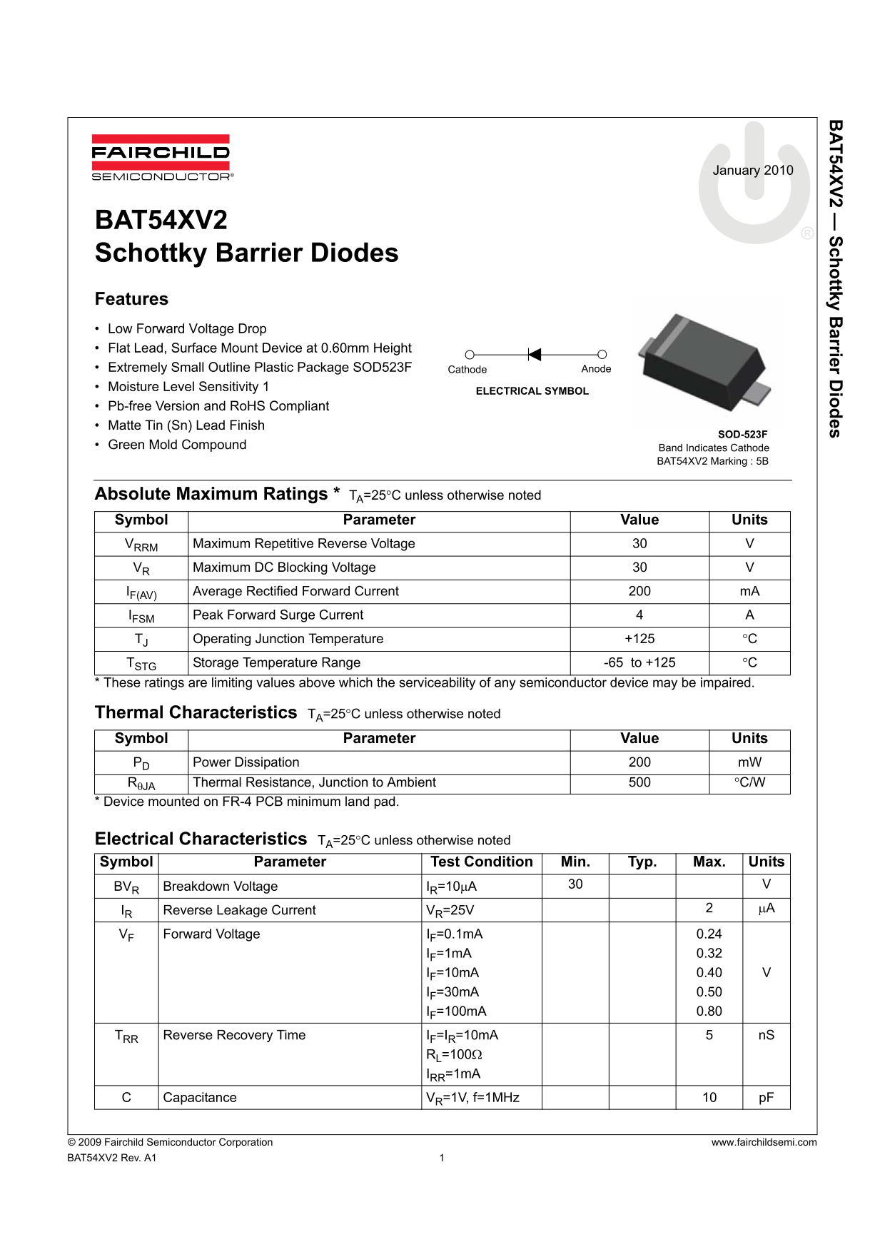 Fairchild BAT54XV2 Schottky Barrier Diodes Data Handbook - Page 1
