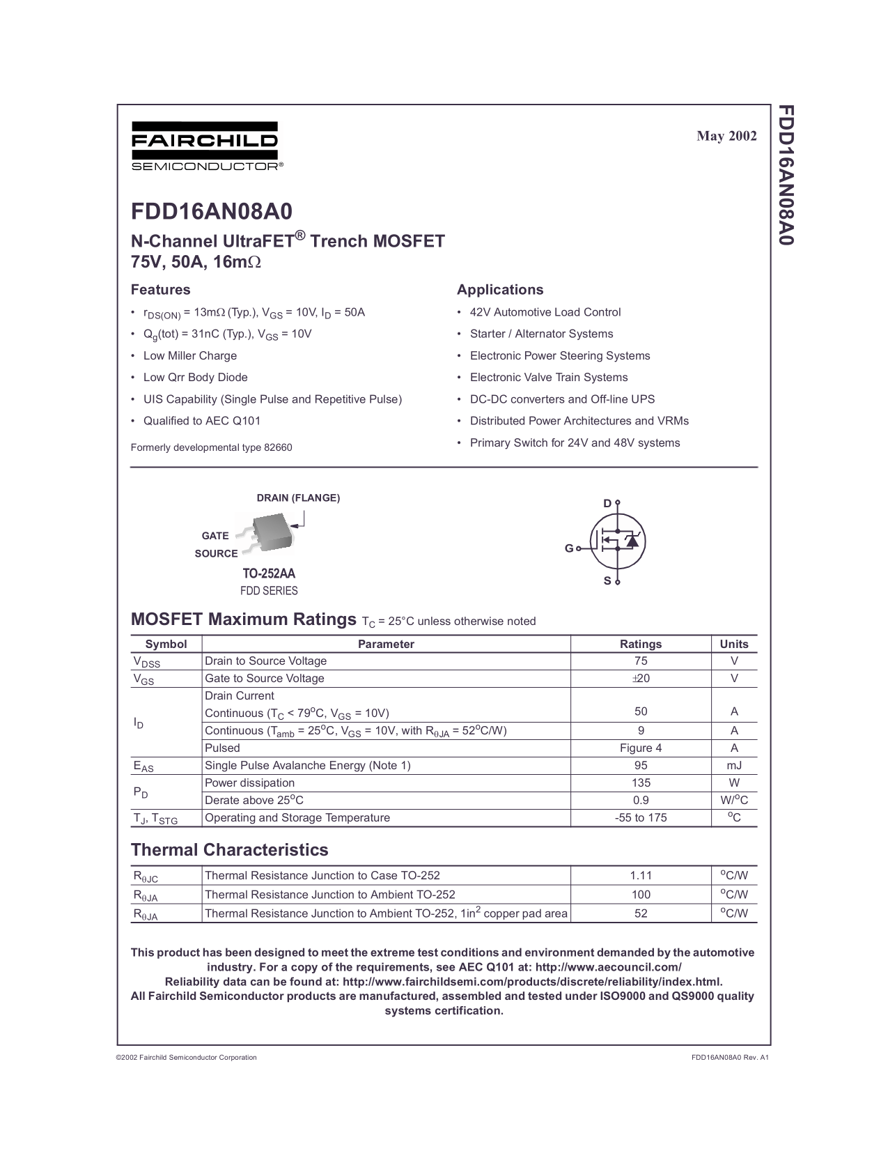 Fairchild FDD16AN08A0 N-Channel UltraFET Trench MOSFET 75V, 50A, 13mOhm Data Sheet - Page 1