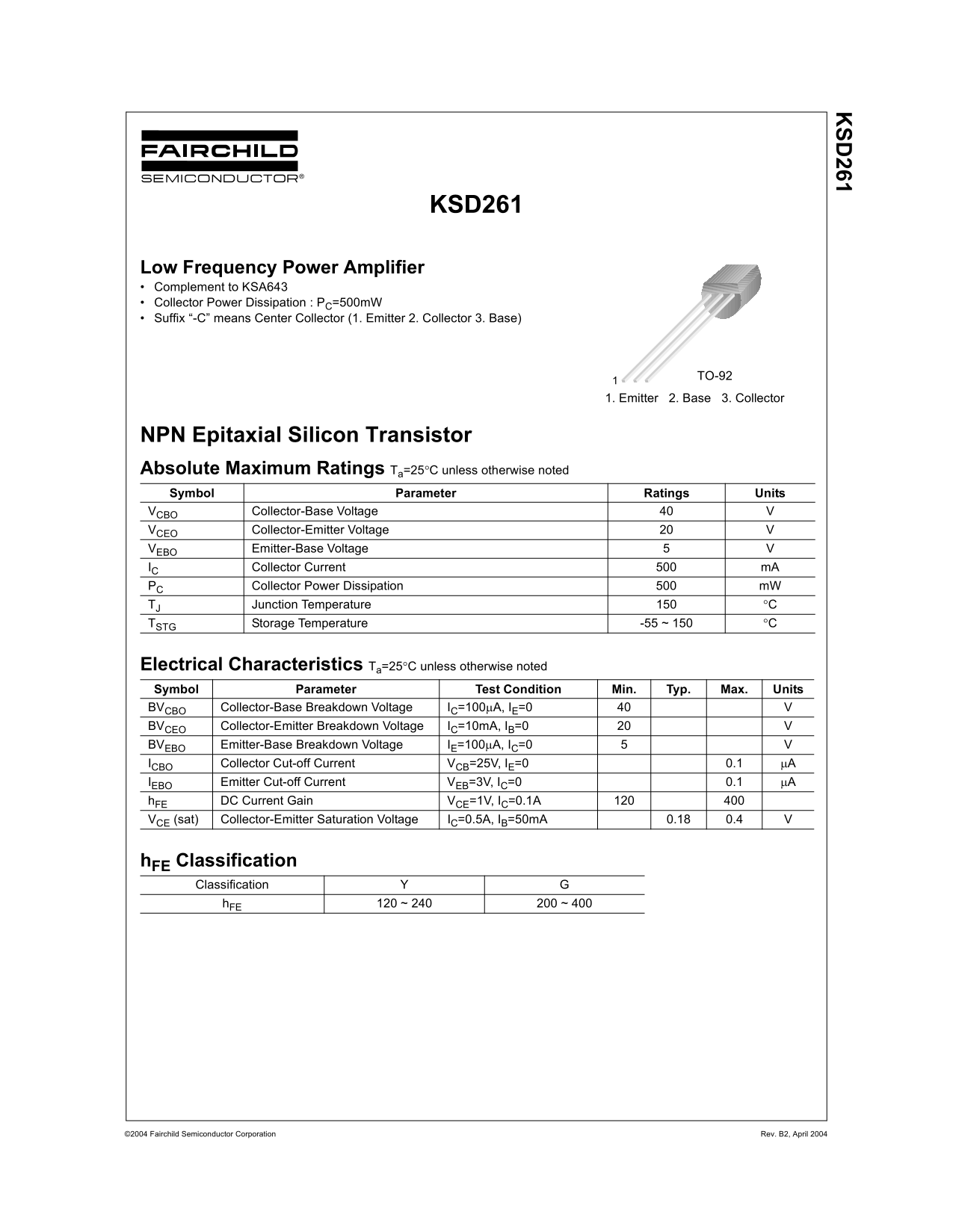 FAIRCHILD KSD261 NPN Epitaxial Silicon Transistor User Manual - Page 1