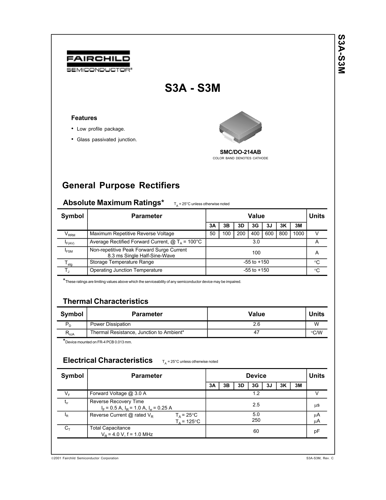 Fairchild S3A S3B S3D S3G S3J S3K S3M General Purpose Rectifiers User Manual and Data Sheet - Page 1