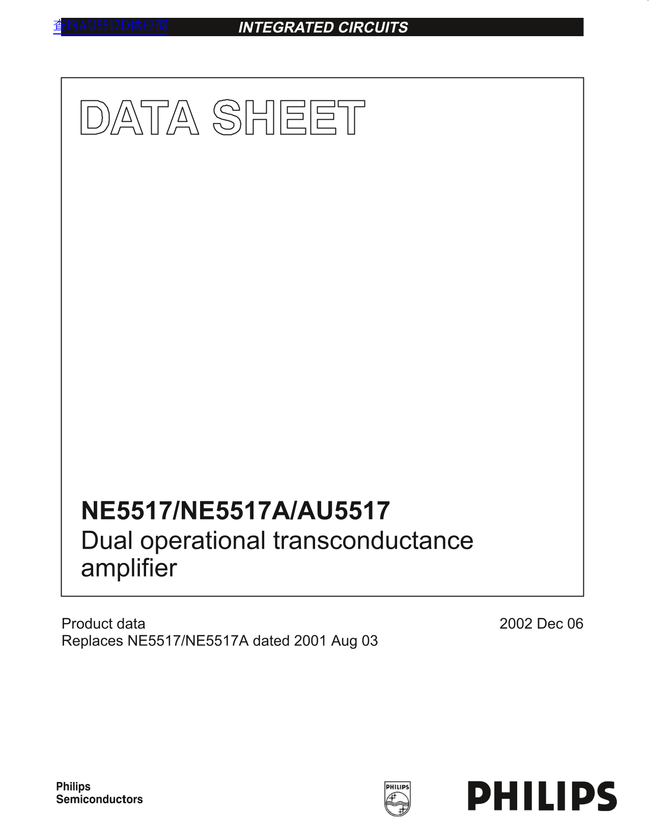 PHILIPS NE5517 NE5517A AU5517 Dual Operational Transconductance Amplifier Data Sheet User Manual - Page 1