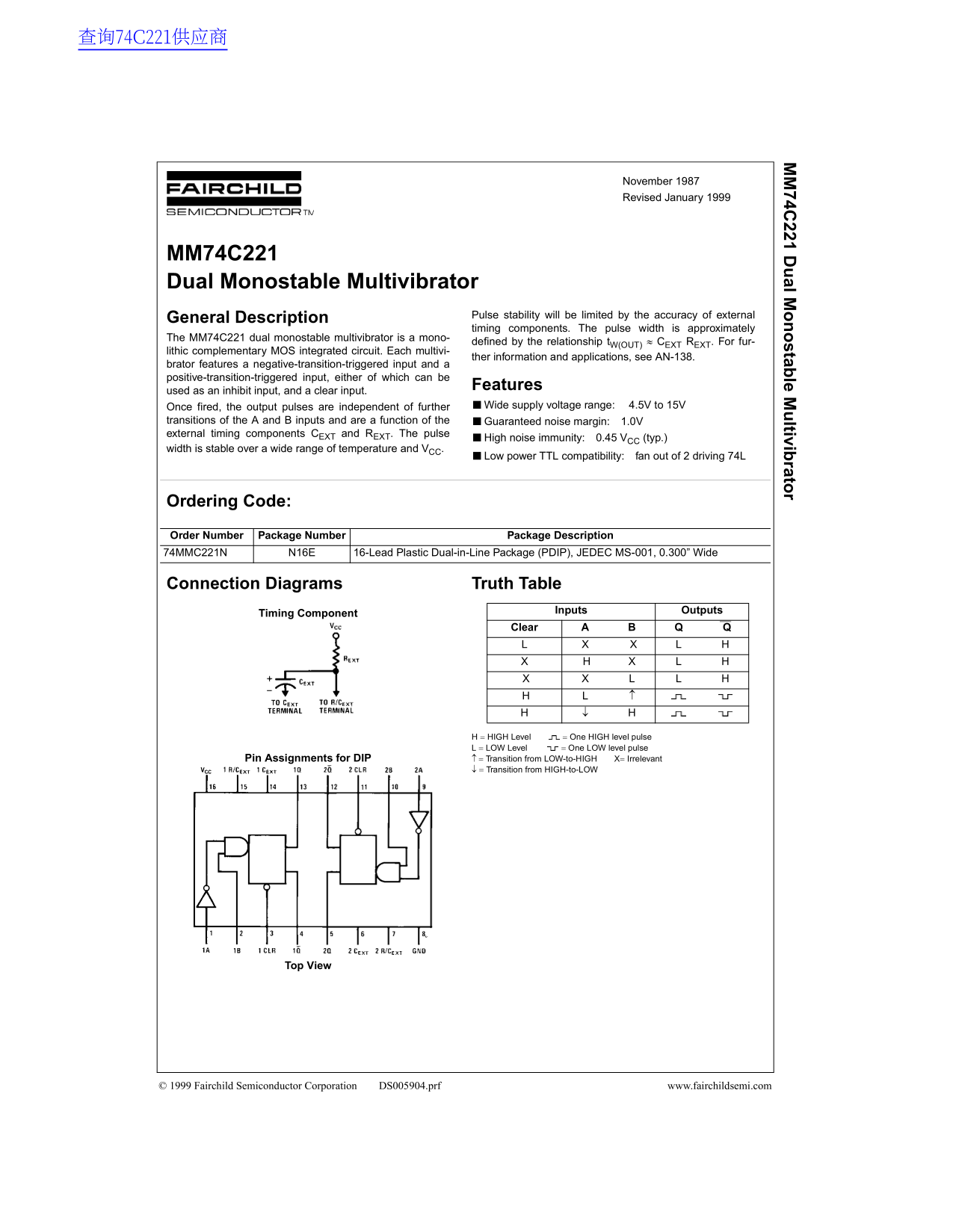 Fairchild MM74C221 Dual Monostable Multivibrator Data Handbook - Page 1