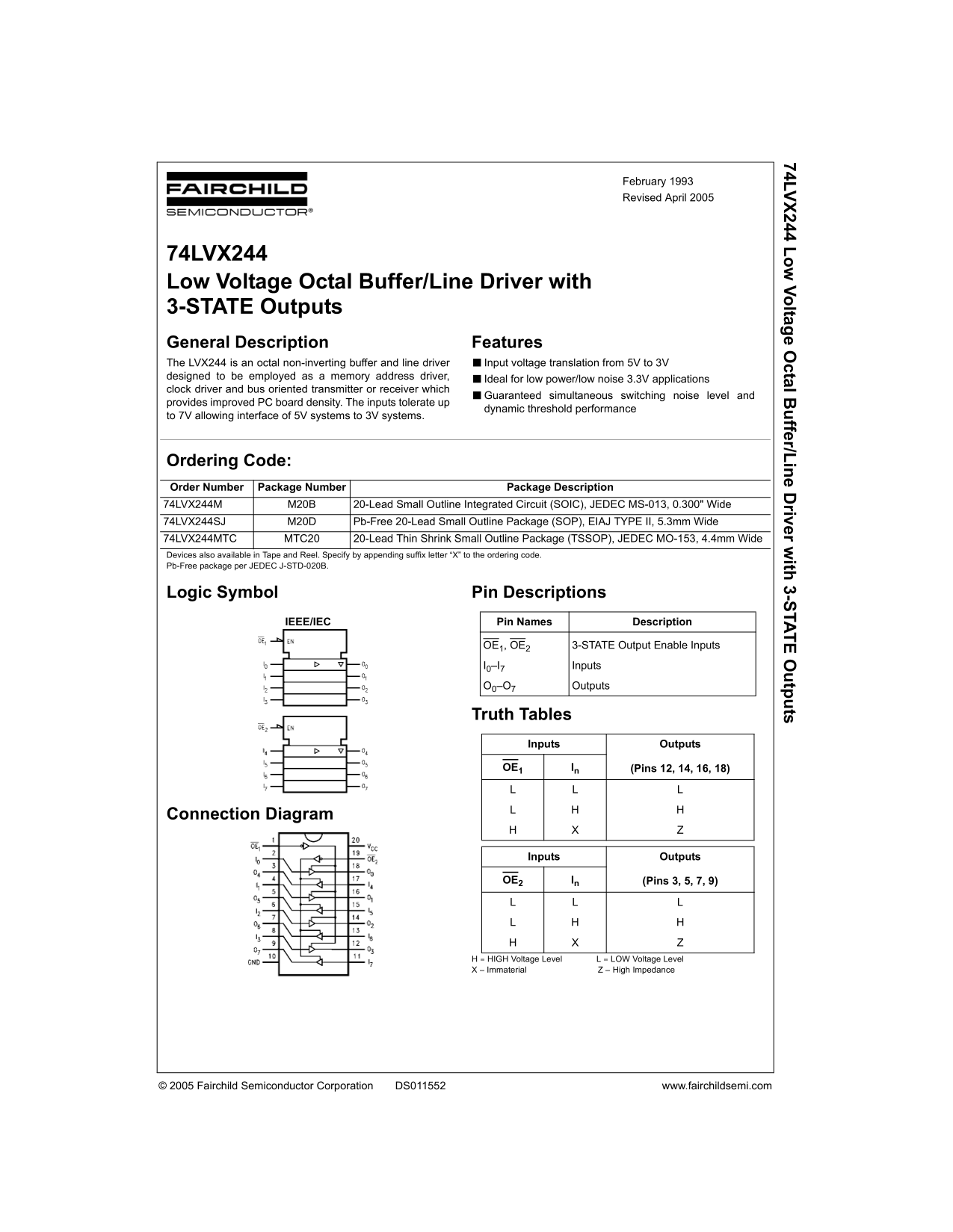 Fairchild 74LVX244 Low Voltage Octal Buffer Line Driver with 3-STATE Outputs Data Sheet - Page 1