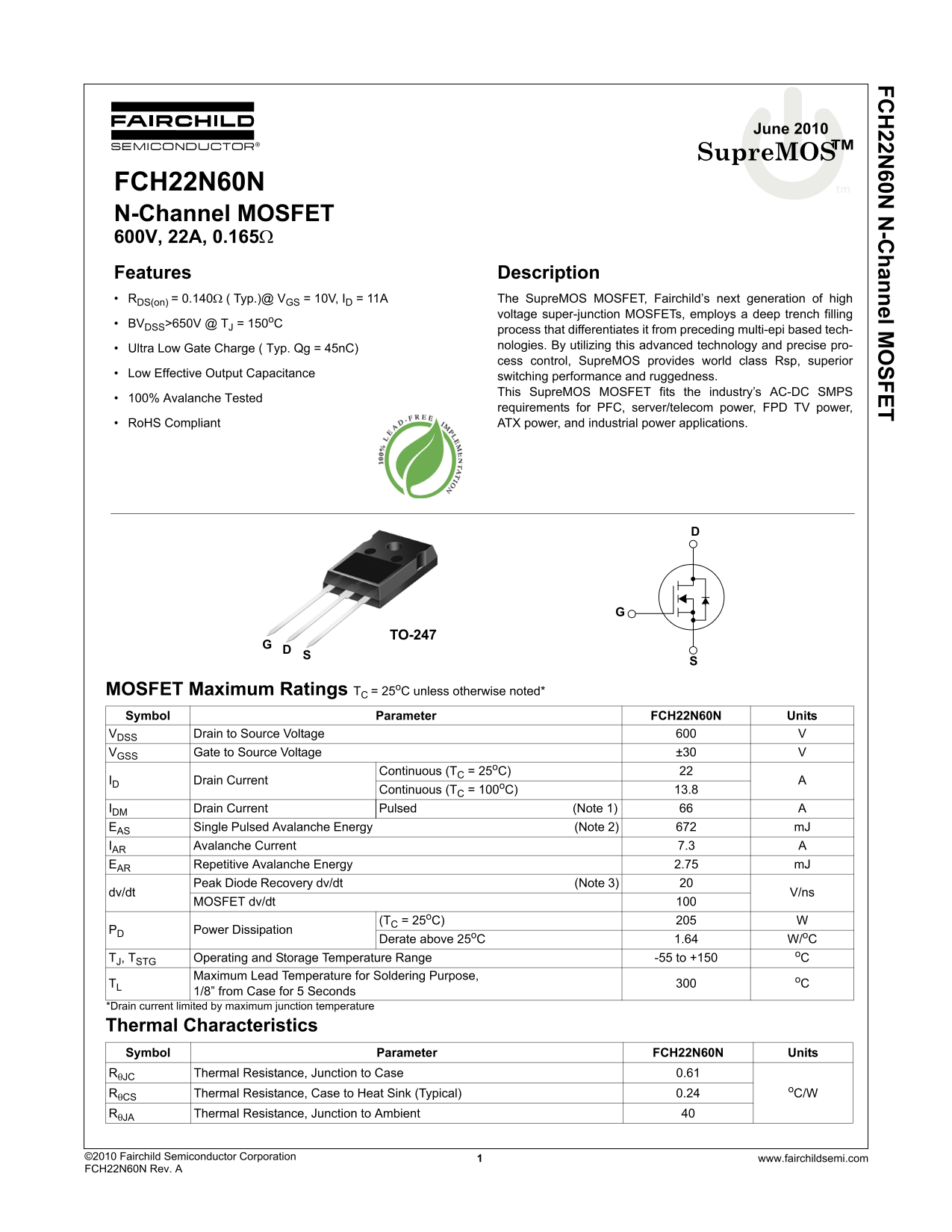 Fairchild FCH22N60N Technical Specifications Sheet - Page 1