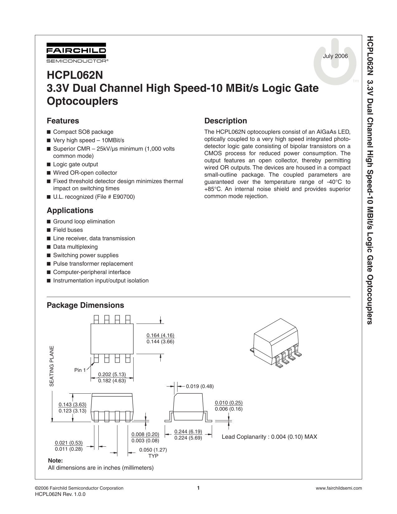 FAIRCHILD HCPL062N 3.3V Dual Channel High-Speed Optocoupler Logic Gates Datasheet - Page 1