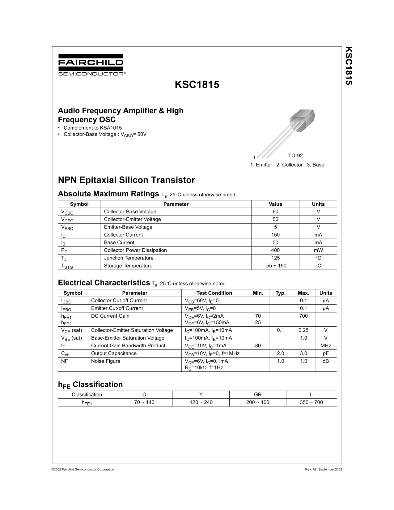 Fairchild KSC1815 NPN Epitaxial Silicon Transistor Data Handbook - Page 1