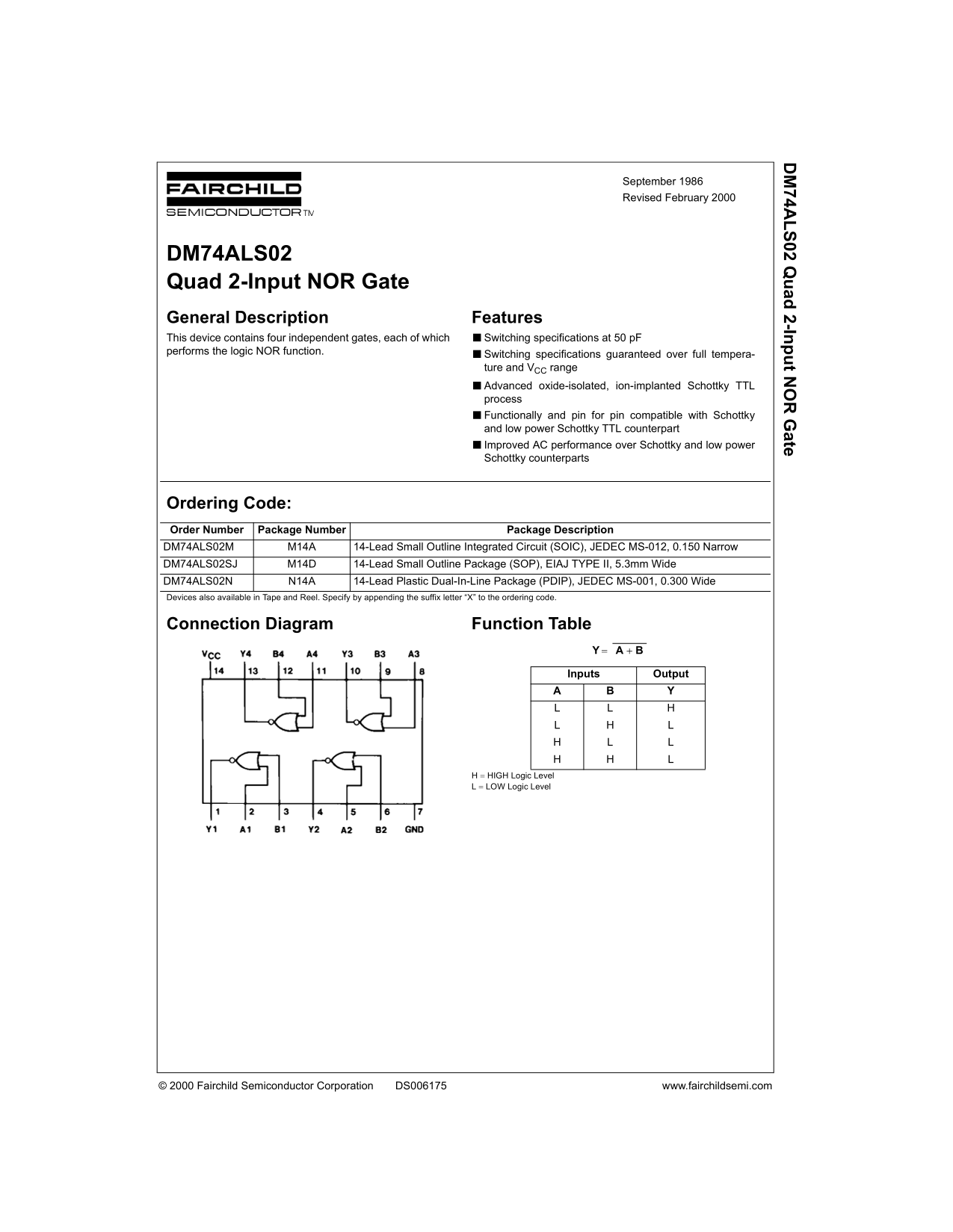 Fairchild DM74ALS02 Quad 2-Input NOR Gate Data Sheet - Page 1