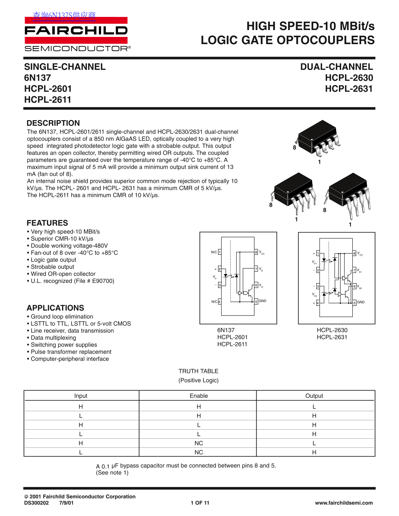 Data Handbook for Fairchild 6N137 HCPL-2630 HCPL-2601 HCPL-2631 HCPL-2611 - Page 1