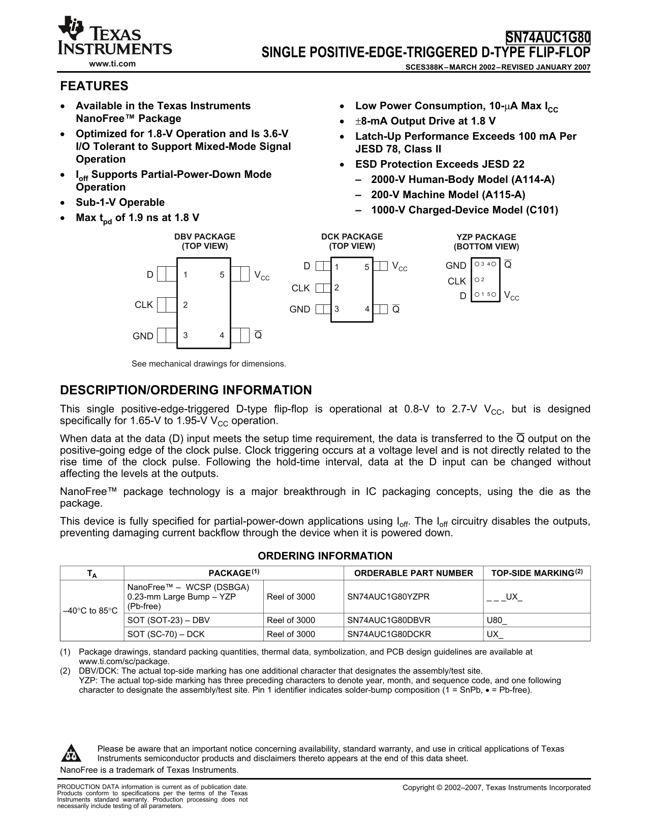 Texas Instruments SN74AUC1G80 Single-Positive-Edge-Triggered D-Type Flip-Flop Data Sheet User Manual - Page 1