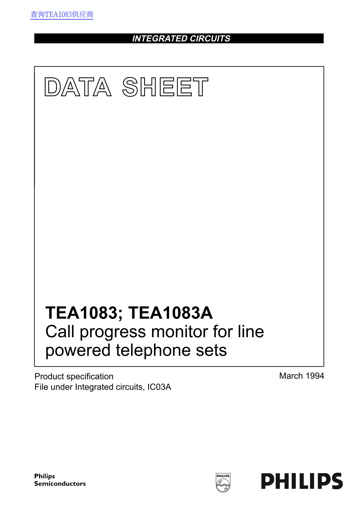 PHILIPS TEA1083; TEA1083A Call Progress Monitor for Line-Powered Telephone Sets - Page 1