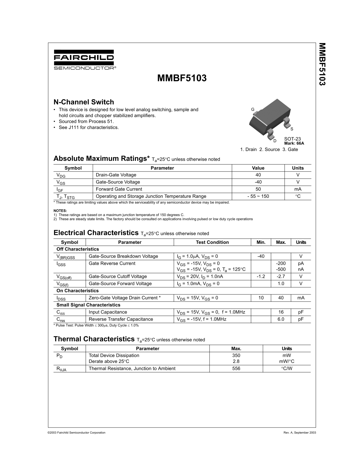Fairchild MMBF5103 N-Channel Switch Data Handbook - Page 1