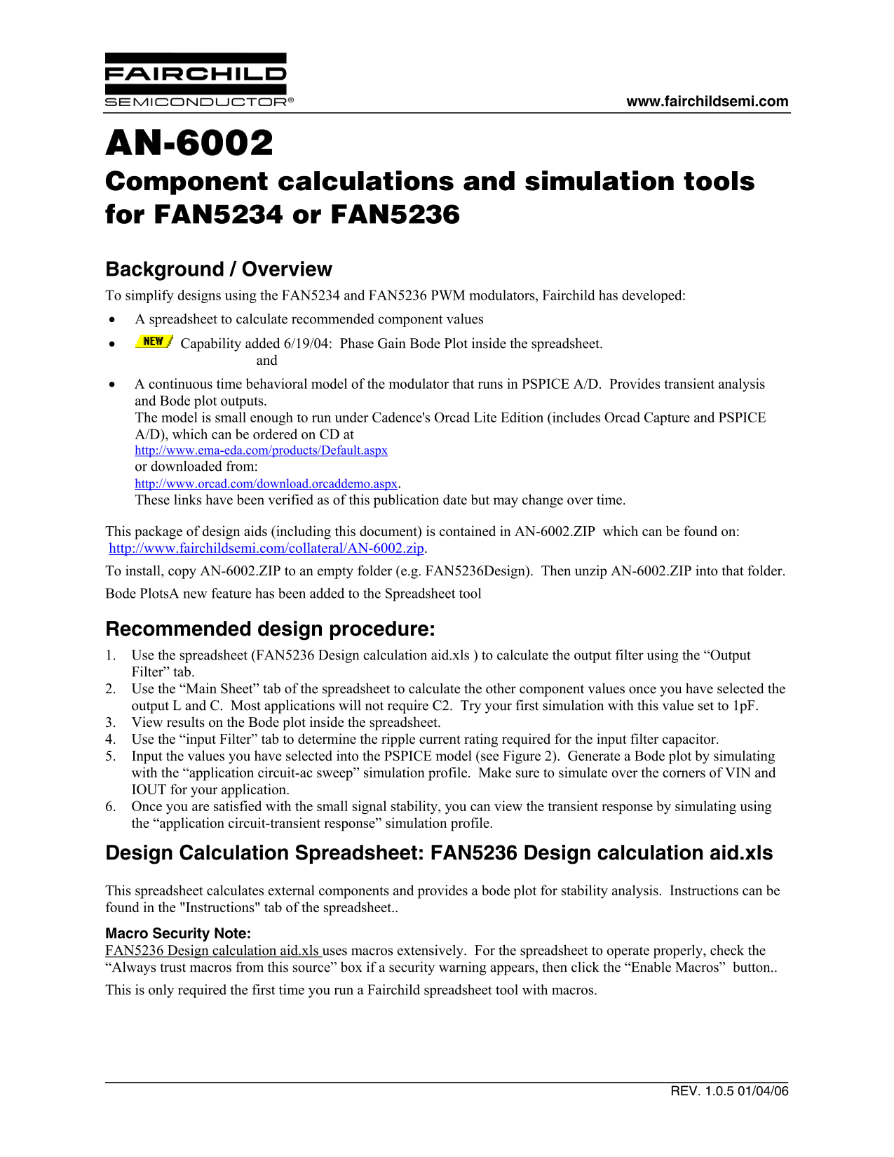 Fairchild Component Calculations and Simulation Tools for FAN5234 or FAN5236 - Data Manual - Page 1