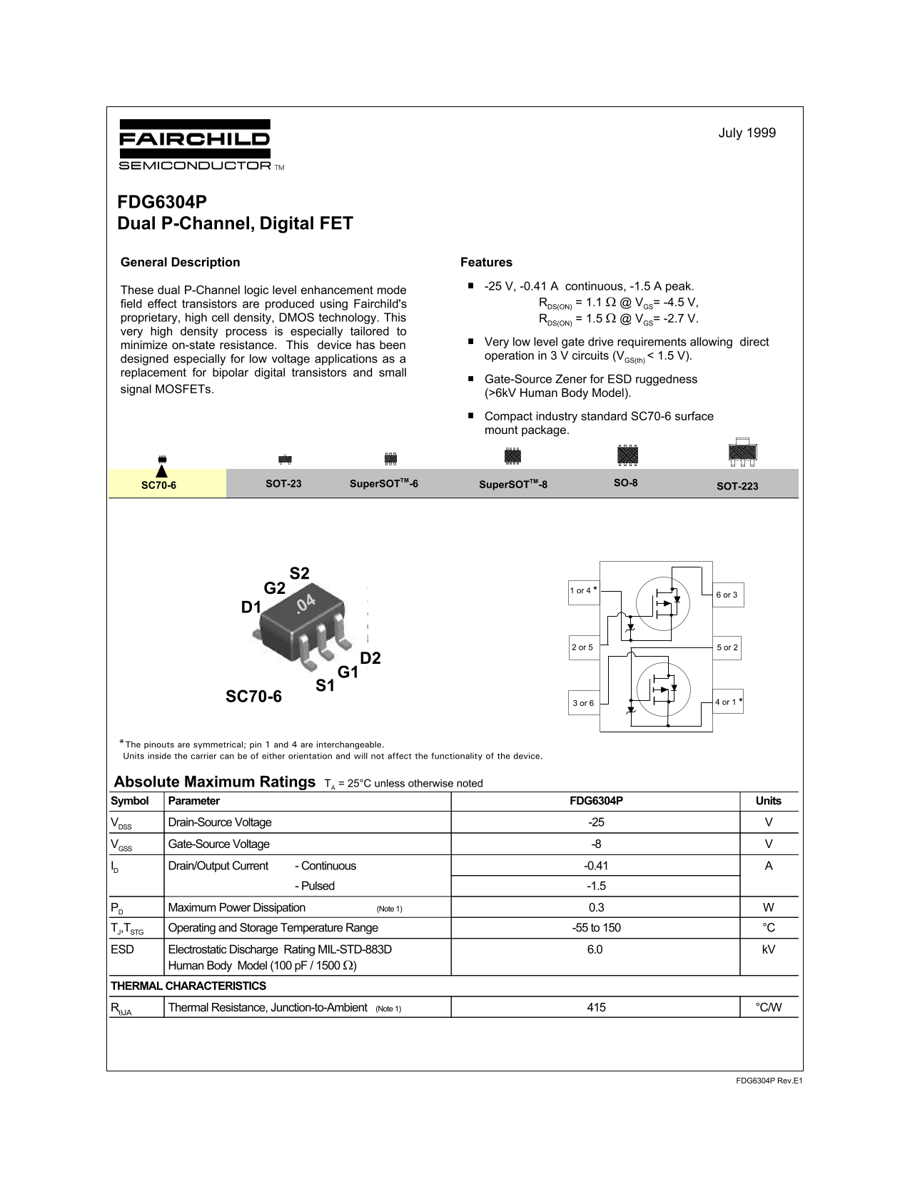 Fairchild FDG6304P Dual P-Channel, Digital FET Data Manual - Page 1
