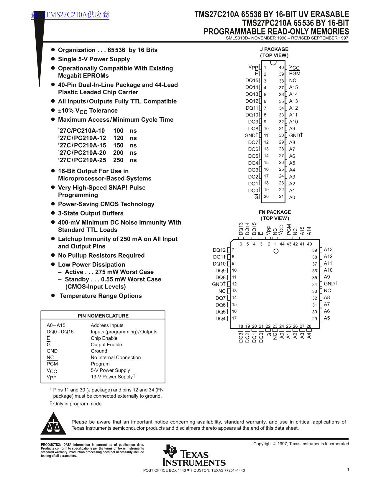 Texas Instruments TMS27C210A 65536 BY 16-BIT UV ERASABLE TMS27PC210A 65536 BY 16-BIT PROGRAMMABLE READ-OFF MEMORY - Page 1