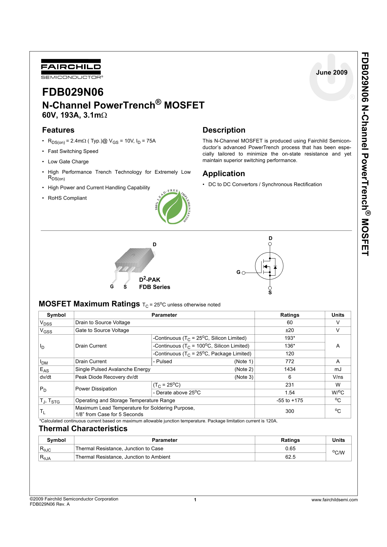 Fairchild FDB029N06 User Guide - Page 1