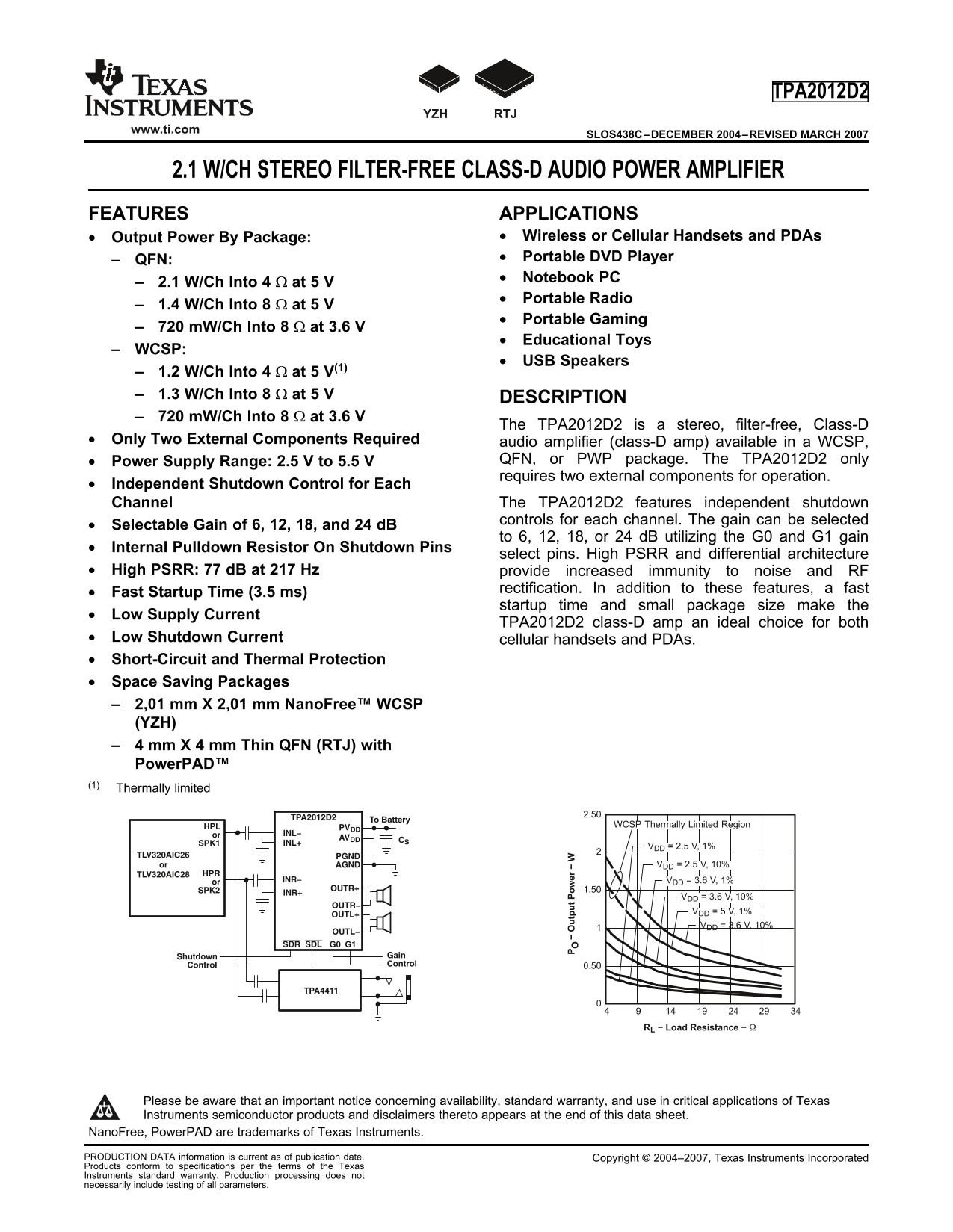 Texas Instruments TPA2012D2 2.1W CH STEREO FILTER-FREE CLASS-D AUDIO POWER AMPLIFIER datasheet specifications owner's manual user guide technical documentation - Page 1