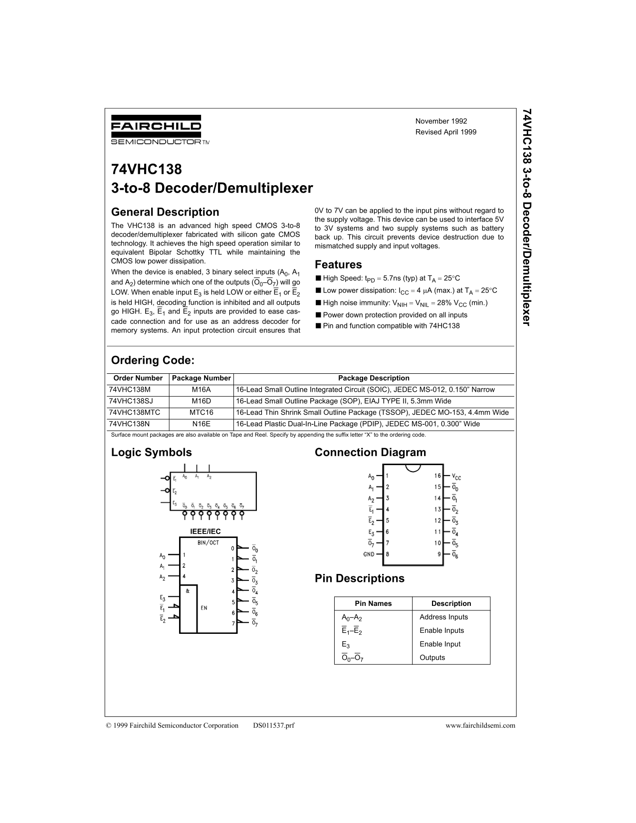 Fairchild Semiconductor 74VHC138 3-to-8 Decoder Demultiplexer Data Sheet - Page 1