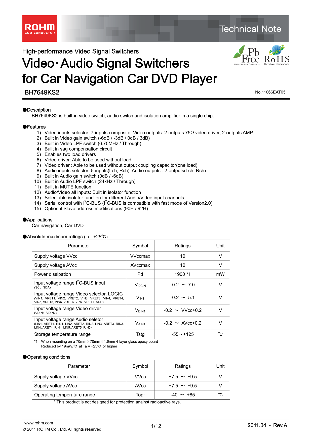 ROHM BH7649KS2 Data Sheet - Page 1