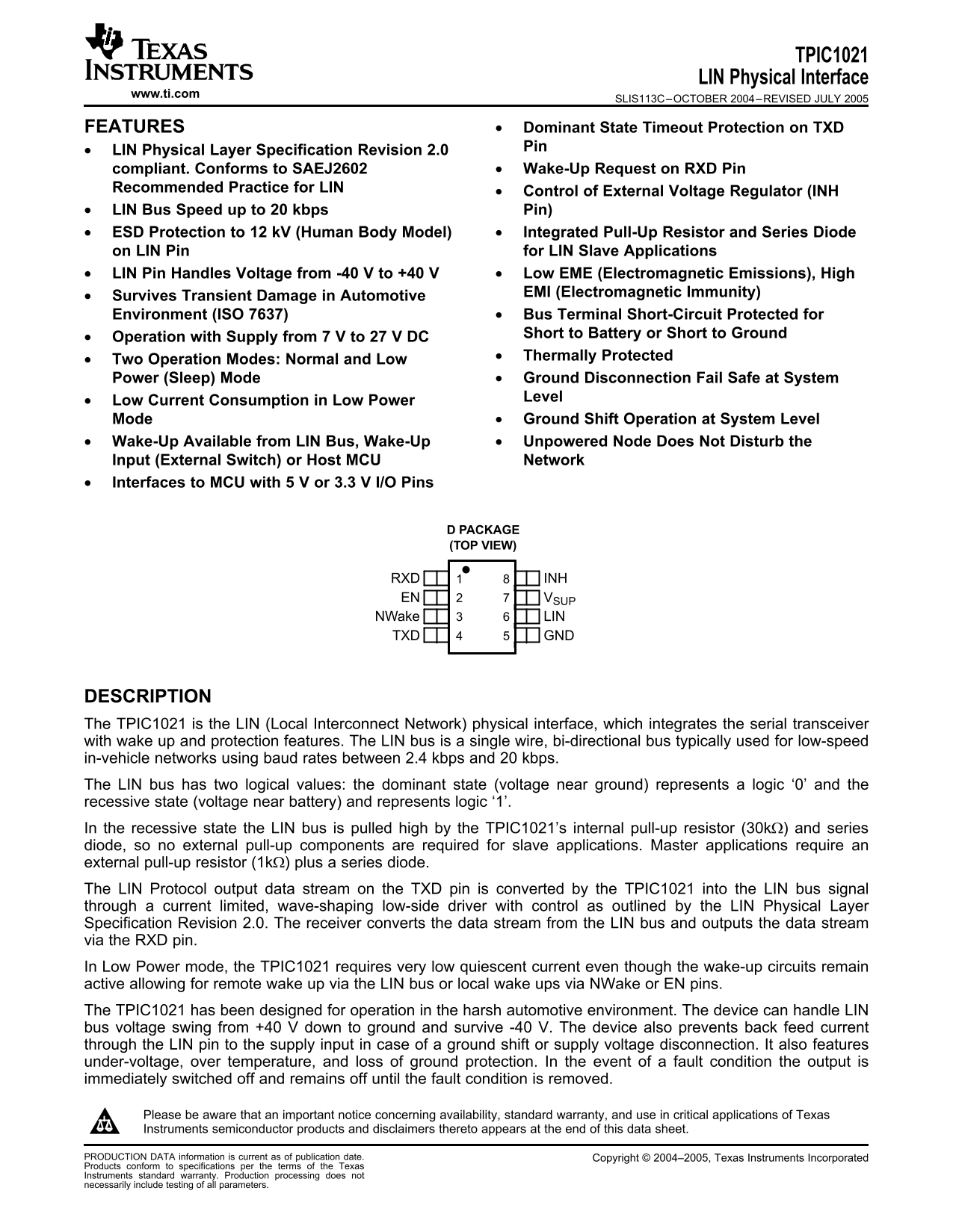 Texas Instruments TPIC1021 Data Sheet / Manual - Page 1