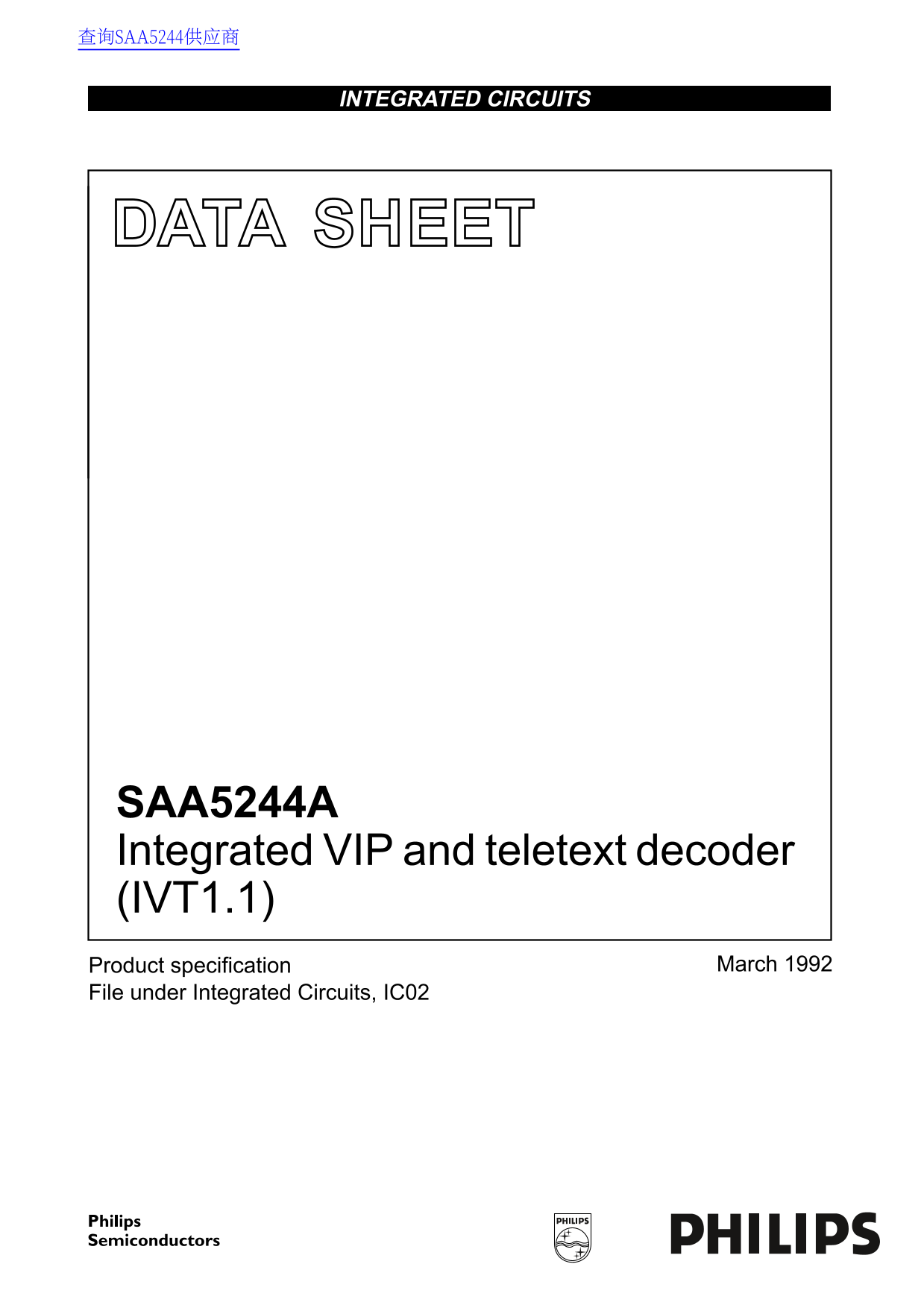 PHILIPS SAA5244A Integrated VIP and teletext decoder (IVT1.1) Data Sheet/Manual - Page 1