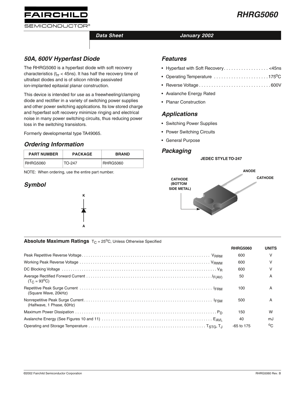 Fairchild RHRG5060 50A, 600V Hyperfast Diode Data Manual - Page 1